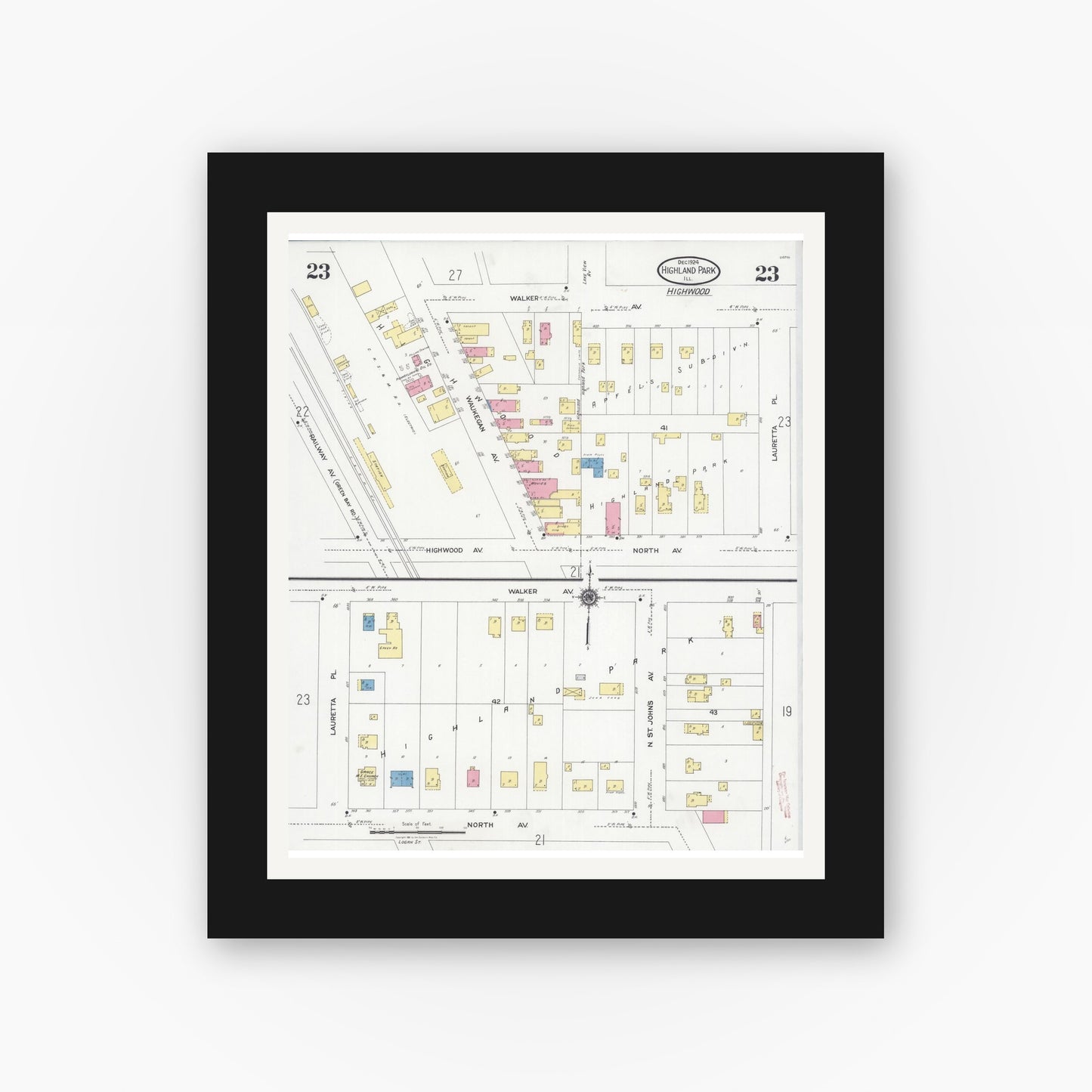 Old map wall art mockup — black gallery frame with white mat — Sanborn Fire Insurance Map from Highland Park, Lake County, Illinois (1924), Sheet #0023