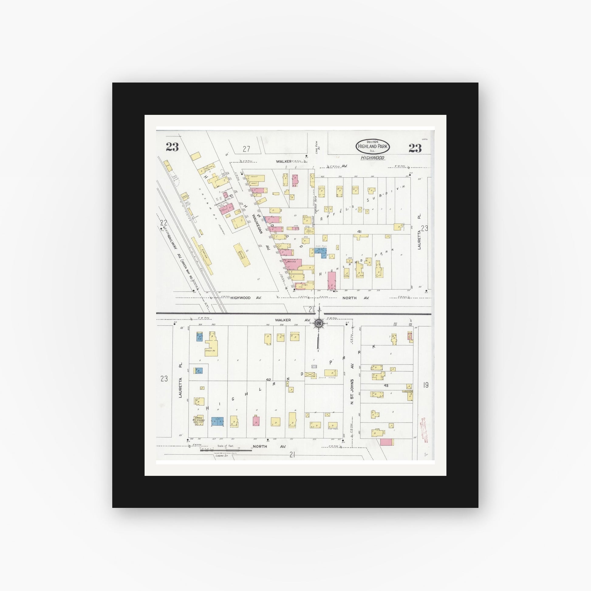 Old map wall art mockup — black gallery frame with white mat — Sanborn Fire Insurance Map from Highland Park, Lake County, Illinois (1924), Sheet #0023