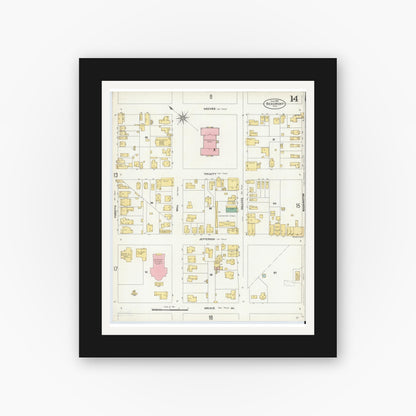 Old map wall art mockup — black gallery frame with white mat — Sanborn Fire Insurance Map from Beaumont, Jefferson County, Texas (1904), Sheet #0014