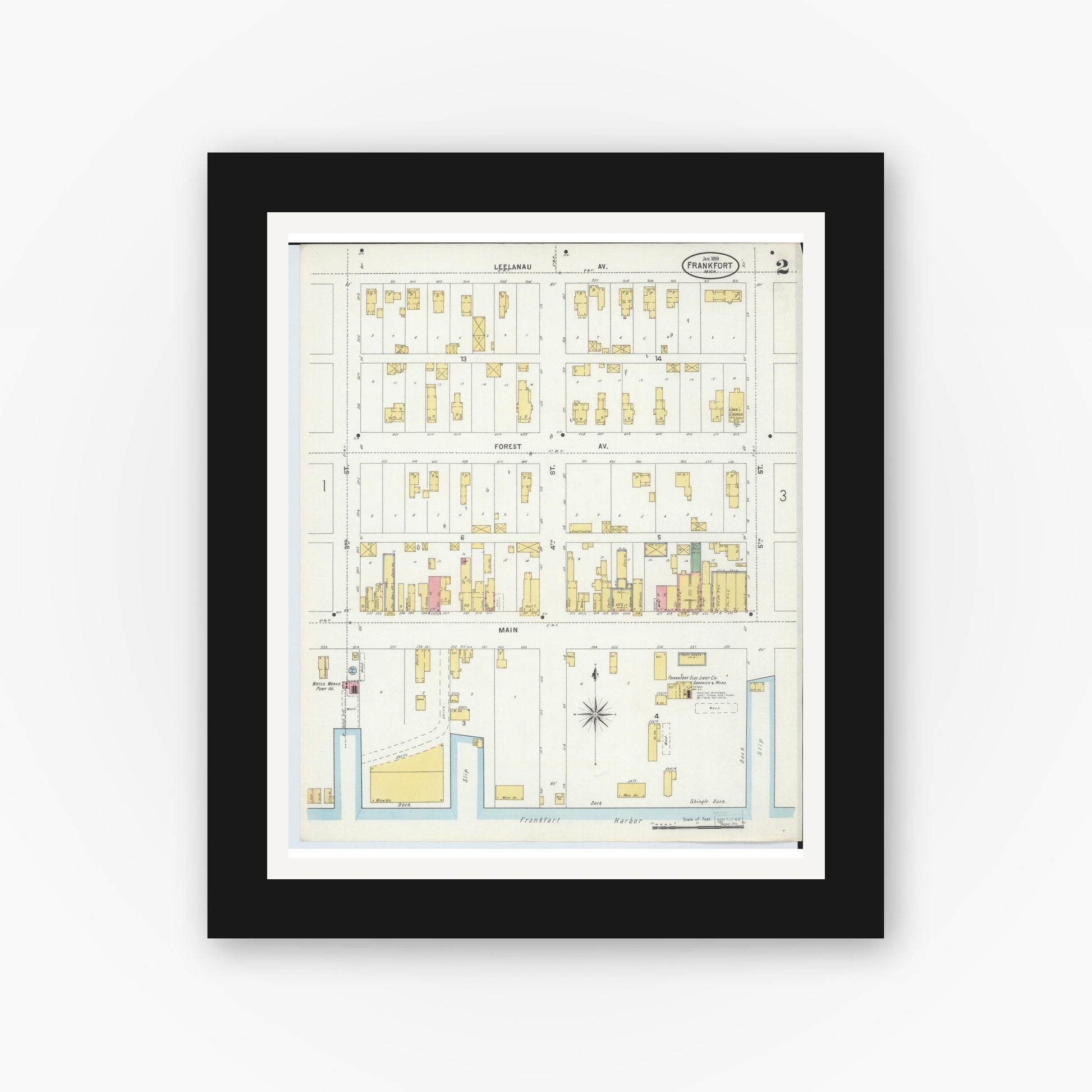 Old map wall art mockup — black gallery frame with white mat — Sanborn Fire Insurance Map from Frankfort, Benzie County, Michigan (1899), Sheet #0002