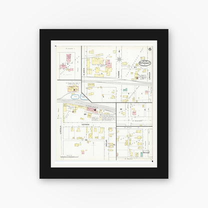 Old map wall art mockup — black gallery frame with white mat — Sanborn Fire Insurance Map from Mount Pleasant, Henry County, Iowa (1892), Sheet #0006