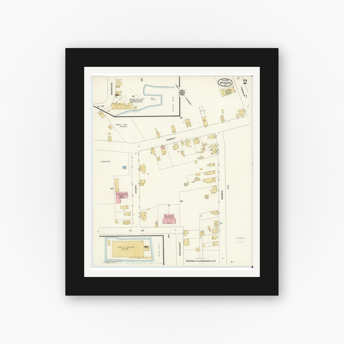 Old map wall art mockup — black gallery frame with white mat — Sanborn Fire Insurance Map from Athens, Greene County, New York (1912), Sheet #0002
