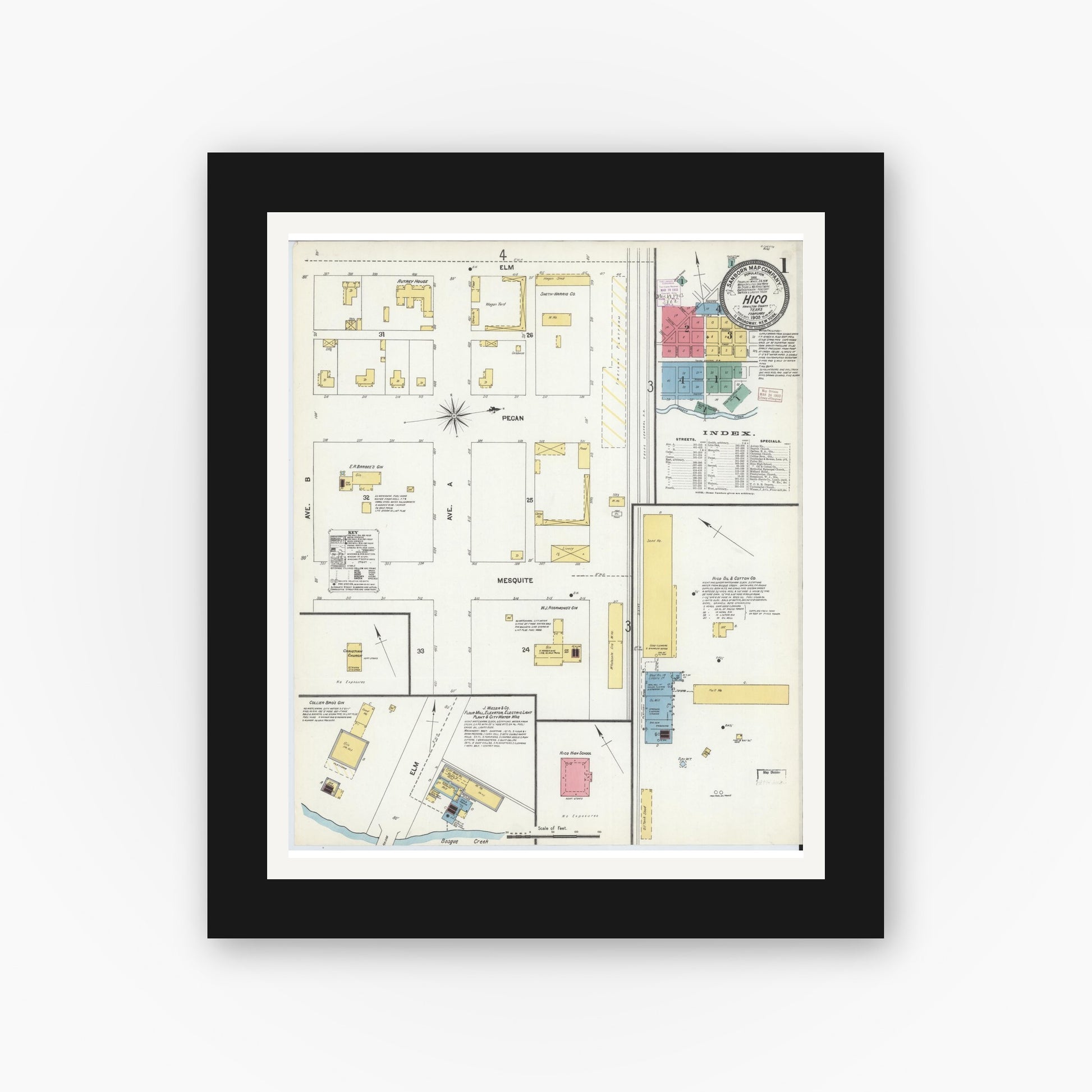 Old map wall art mockup — black gallery frame with white mat — Sanborn Fire Insurance Map from Hico, Hamilton County, Texas (1903), Sheet #0001