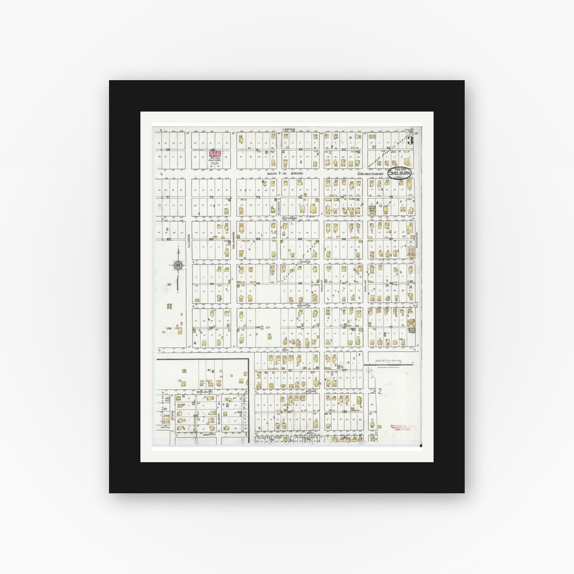 Old map wall art mockup — black gallery frame with white mat — Sanborn Fire Insurance Map from Shelburn, Sullivan County, Indiana (1921), Sheet #0003