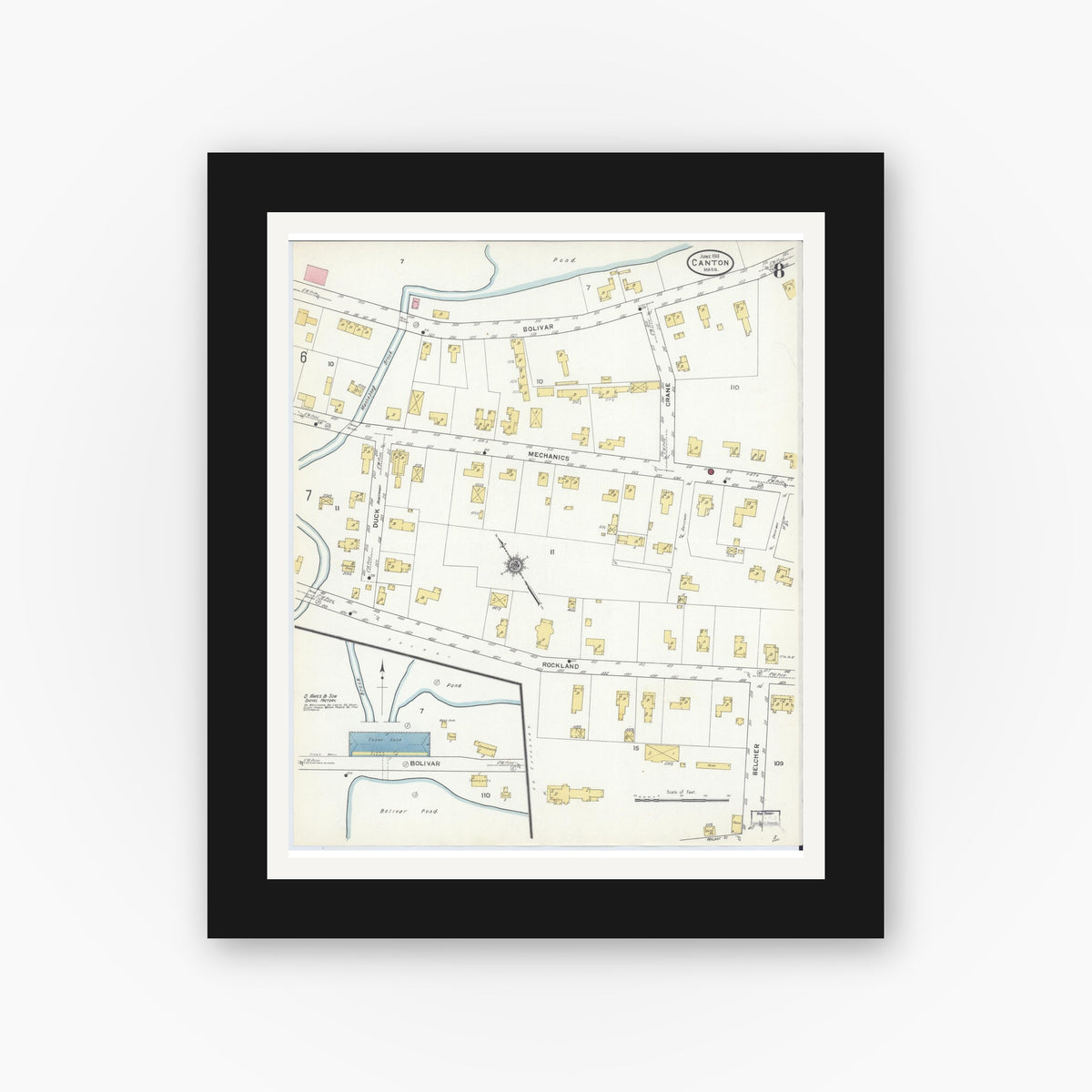 Old map wall art mockup — black gallery frame with white mat — Sanborn Fire Insurance Map from Canton, Norfolk County, Massachusetts (1911), Sheet #0008