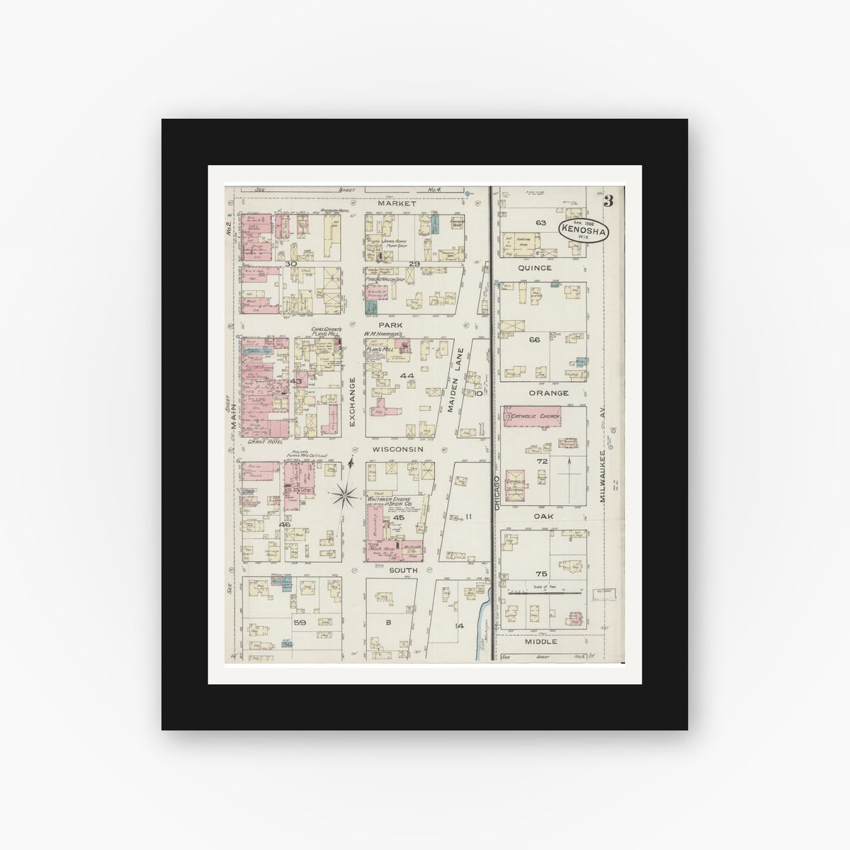 Old map wall art mockup — black gallery frame with white mat — Sanborn Fire Insurance Map from Kenosha, Kenosha County, Wisconsin (1886) - Complete Map Set