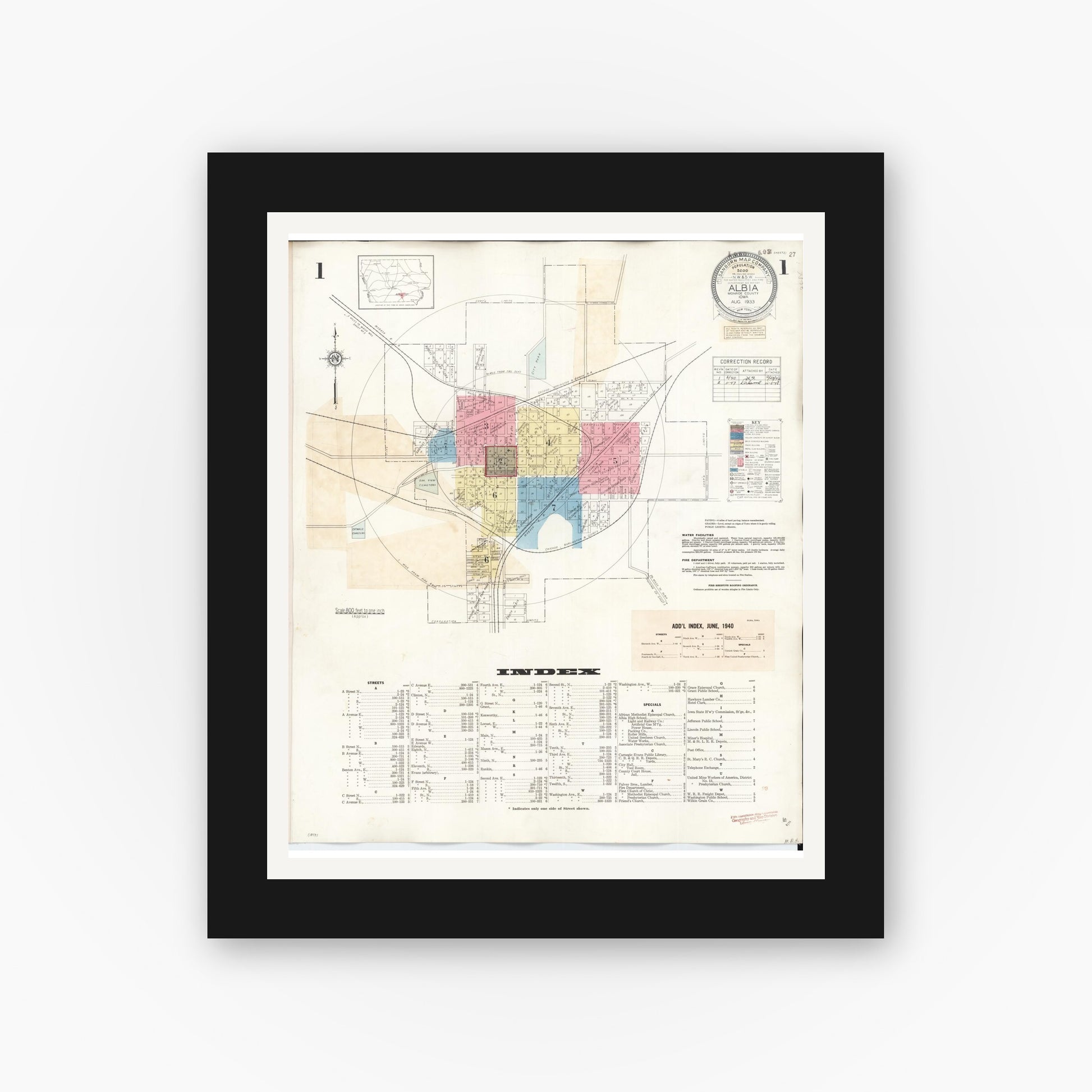 Old map wall art mockup — black gallery frame with white mat — Sanborn Fire Insurance Map from Albia, Monroe County, Iowa (1947) â€” Complete Set