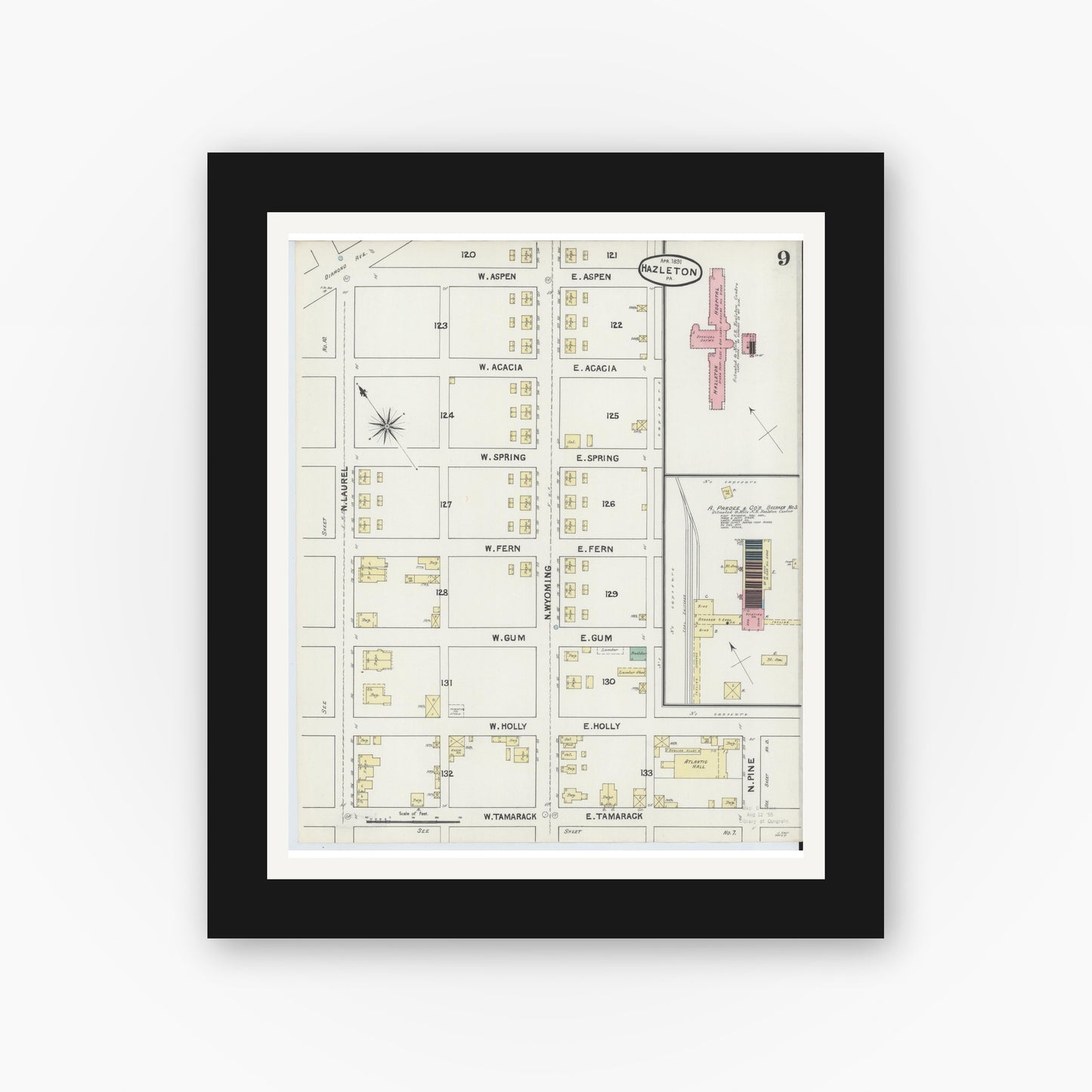 Old map wall art mockup — black gallery frame with white mat — Sanborn Fire Insurance Map from Hazleton, Luzerne County, Pennsylvania (1891), Sheet #0009