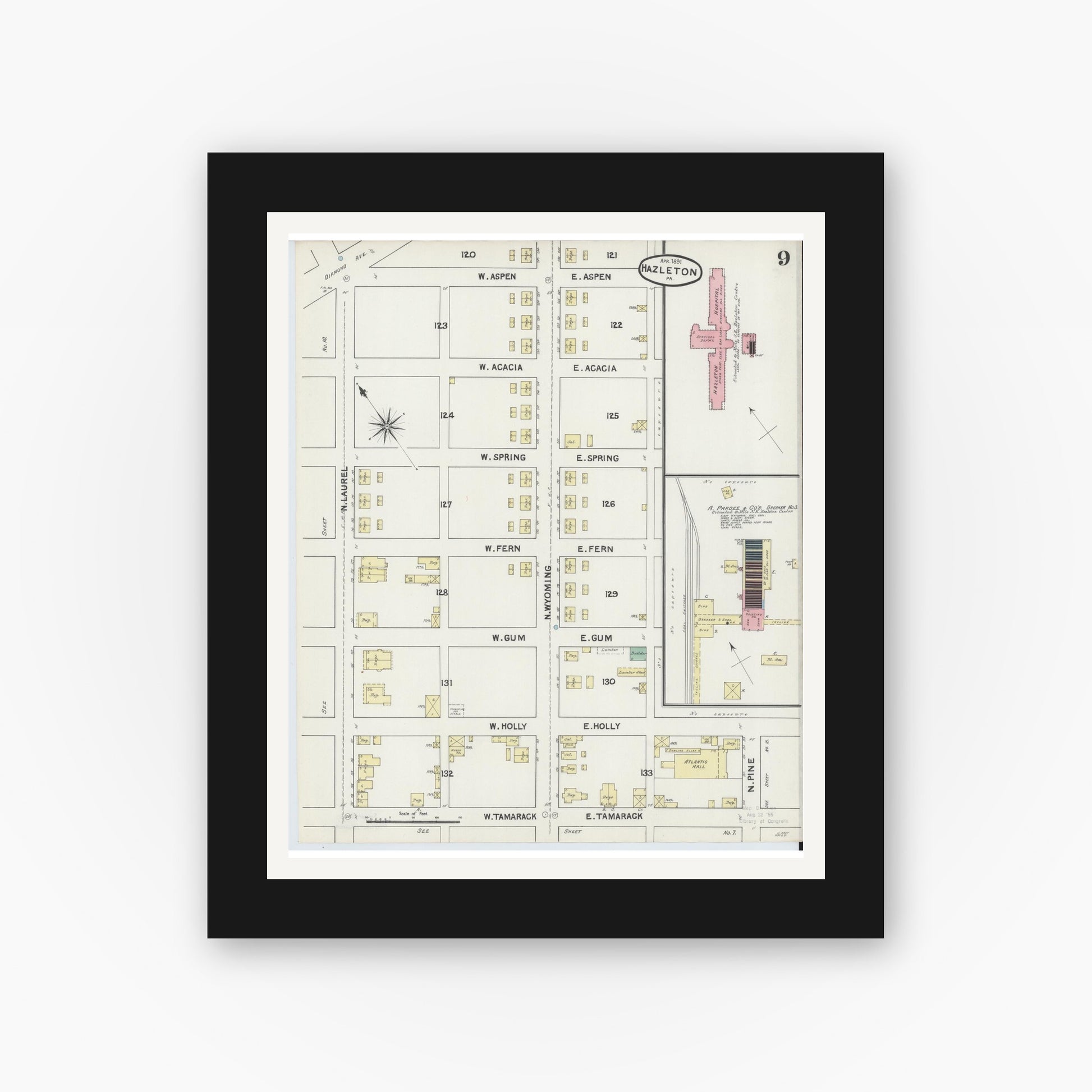 Old map wall art mockup — black gallery frame with white mat — Sanborn Fire Insurance Map from Hazleton, Luzerne County, Pennsylvania (1891), Sheet #0009