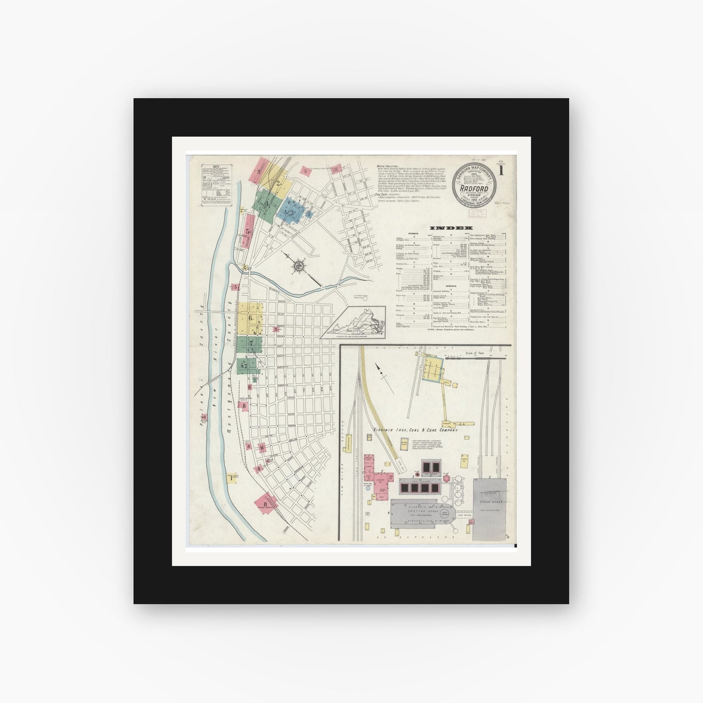 Old map wall art mockup — black gallery frame with white mat — Sanborn Fire Insurance Map from Radford, Independent Cities, Virginia (1913) - Complete Map Set