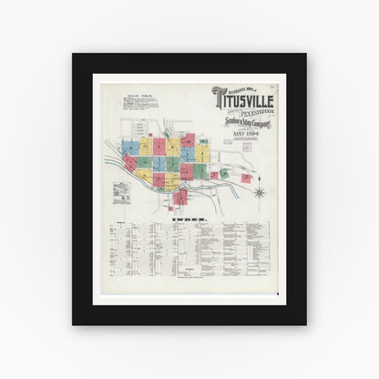 Old map wall art mockup — black gallery frame with white mat — Sanborn Fire Insurance Map from Titusville, Crawford County, Pennsylvania (1904), Sheet #0001