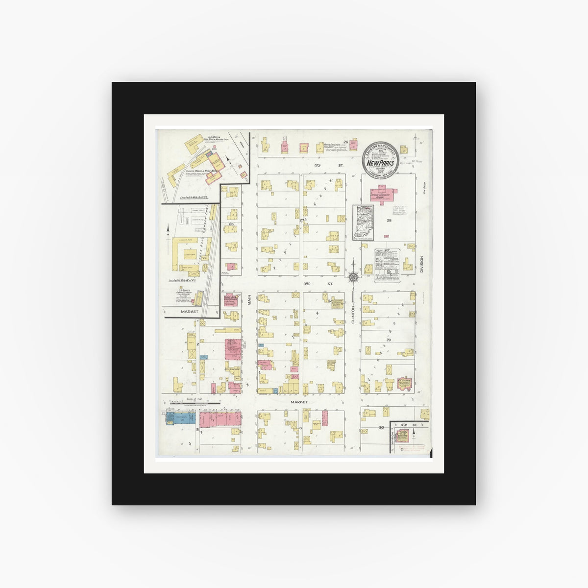 Old map wall art mockup — black gallery frame with white mat — Sanborn Fire Insurance Map from New Paris, Elkhart County, Indiana (1917), Sheet #0001