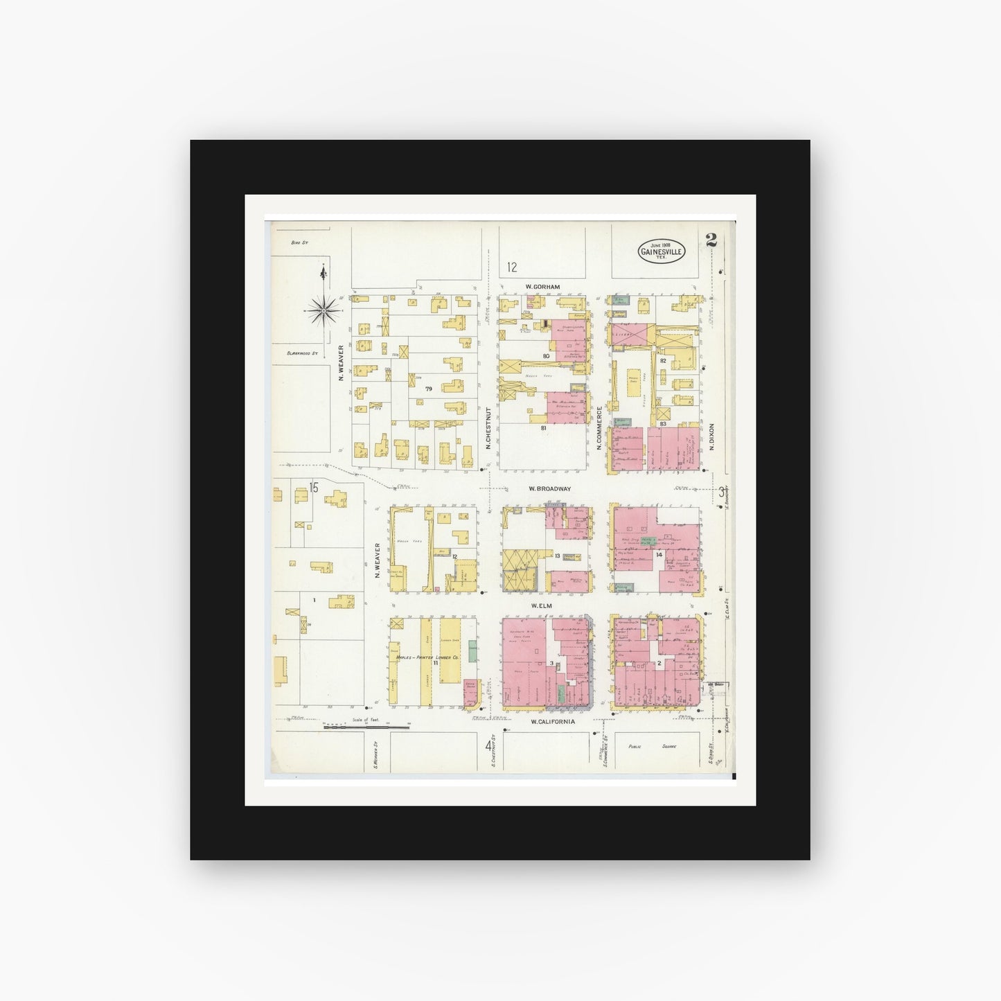 Old map wall art mockup — black gallery frame with white mat — Sanborn Fire Insurance Map from Gainesville, Cooke County, Texas (1908), Sheet #0002