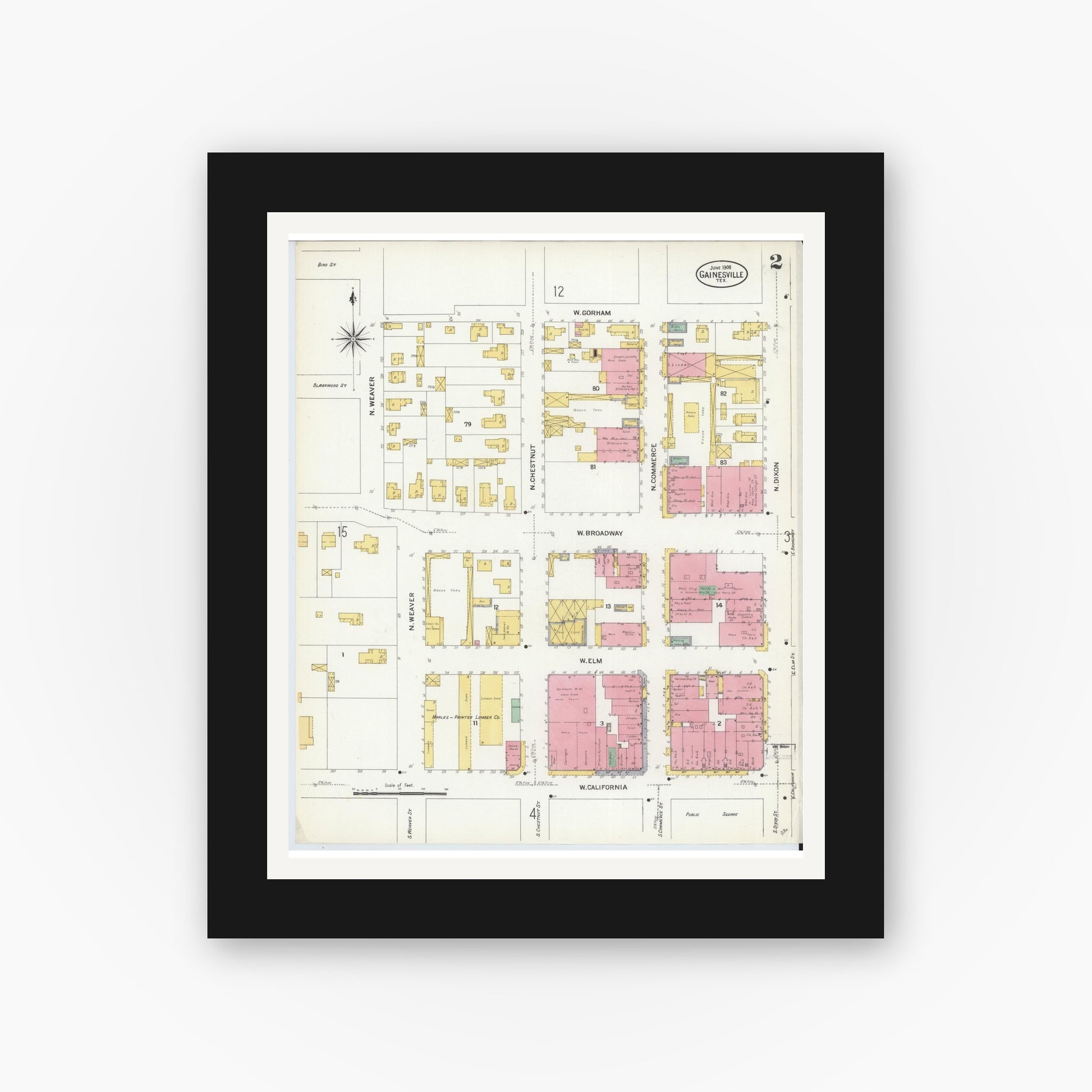 Old map wall art mockup — black gallery frame with white mat — Sanborn Fire Insurance Map from Gainesville, Cooke County, Texas (1908), Sheet #0002