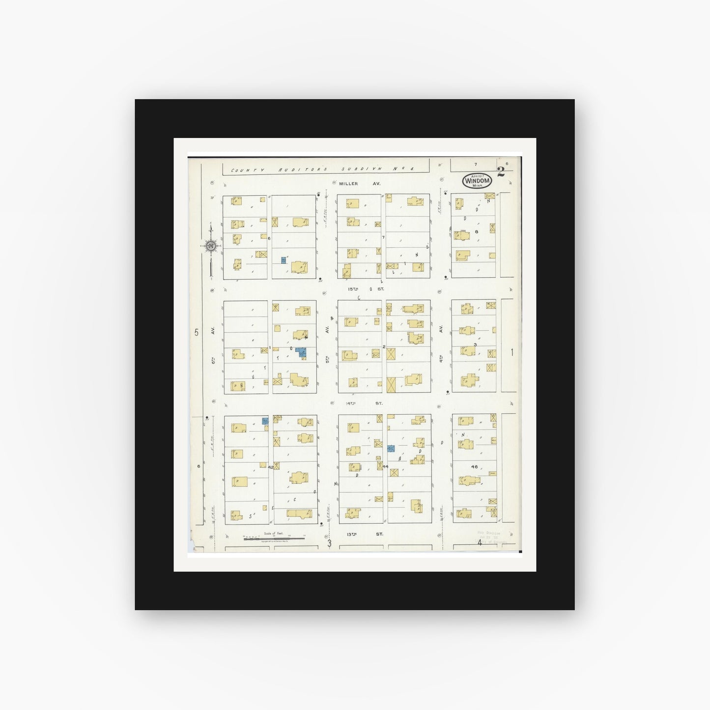 Old map wall art mockup — black gallery frame with white mat — Sanborn Fire Insurance Map from Windom, Cottonwood County, Minnesota (1917), Sheet #0002