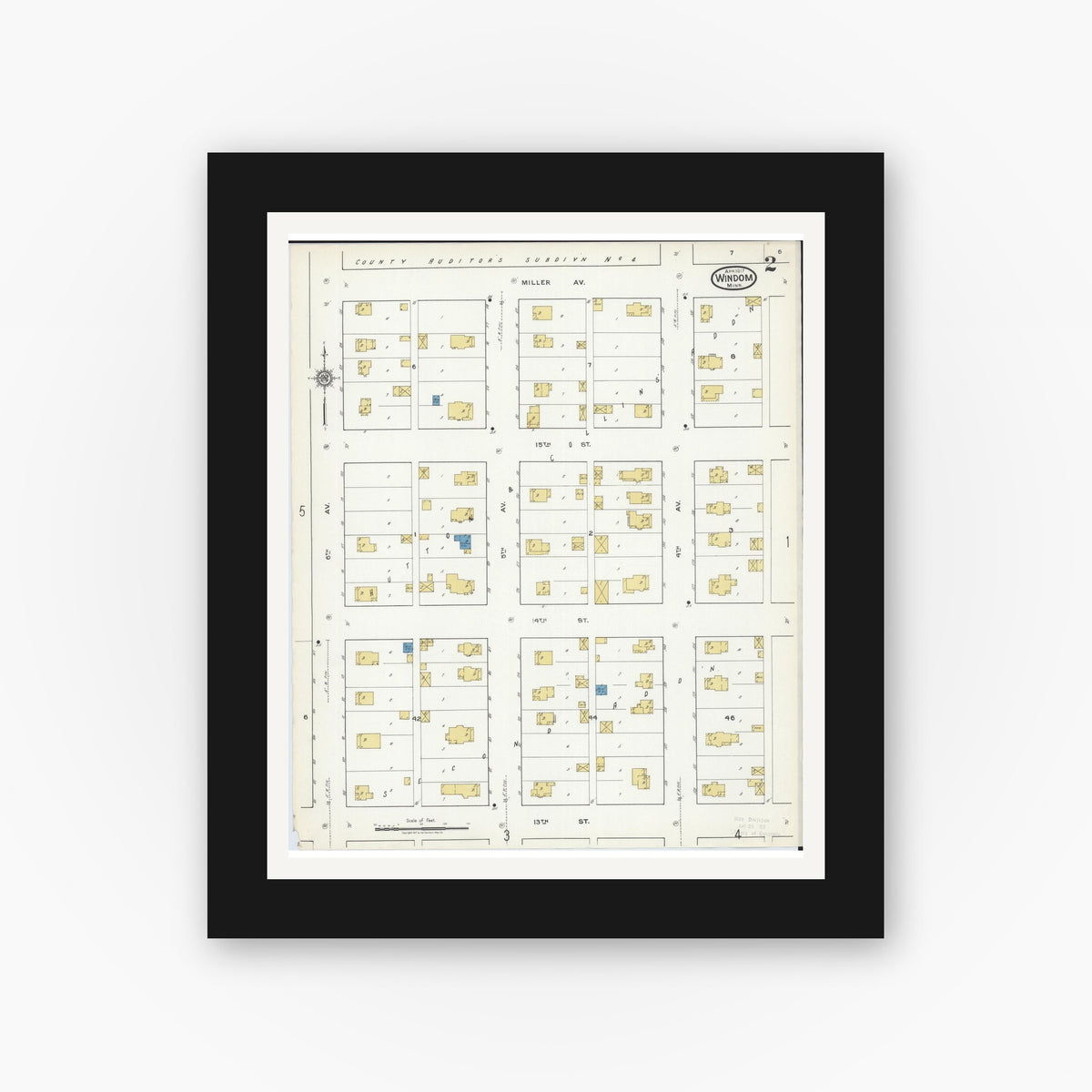 Old map wall art mockup — black gallery frame with white mat — Sanborn Fire Insurance Map from Windom, Cottonwood County, Minnesota (1917), Sheet #0002