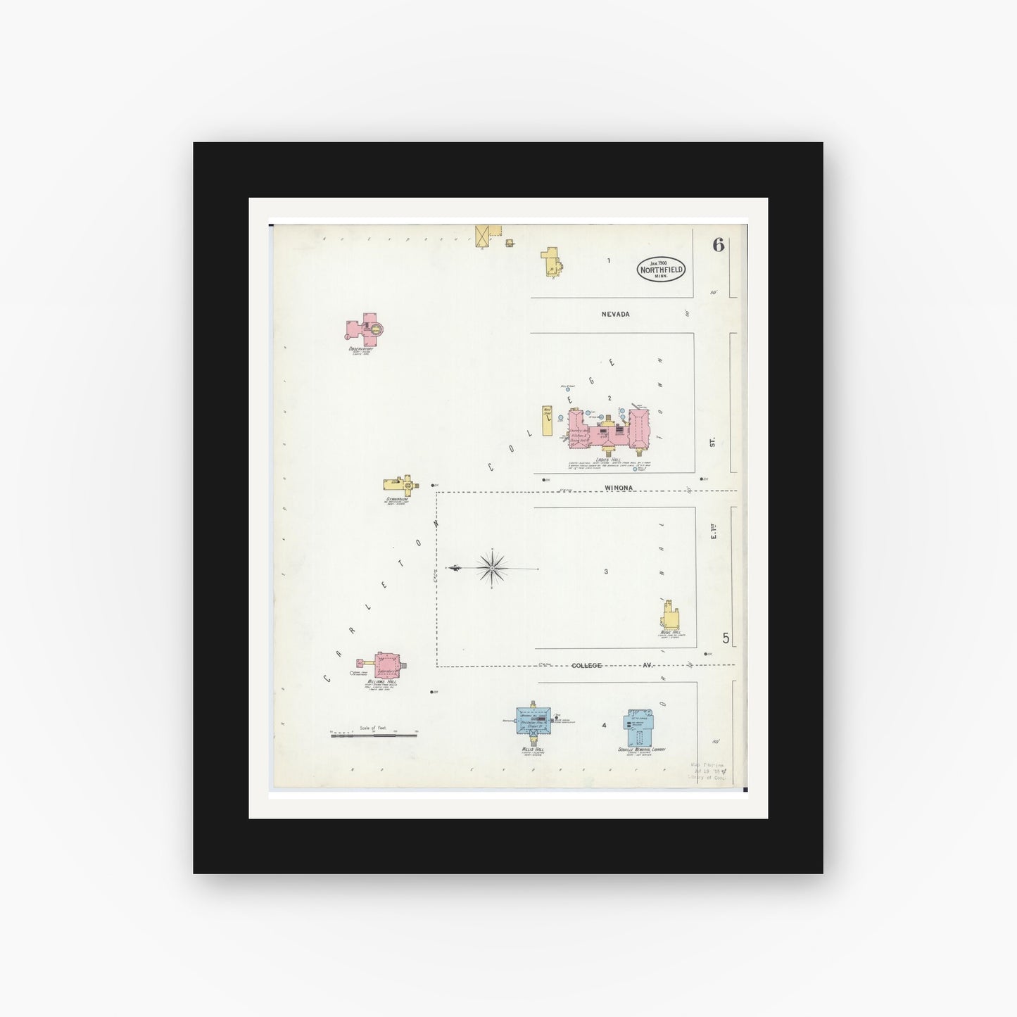 Old map wall art mockup — black gallery frame with white mat — Sanborn Fire Insurance Map from Northfield, Rice County, Minnesota (1900), Sheet #0006