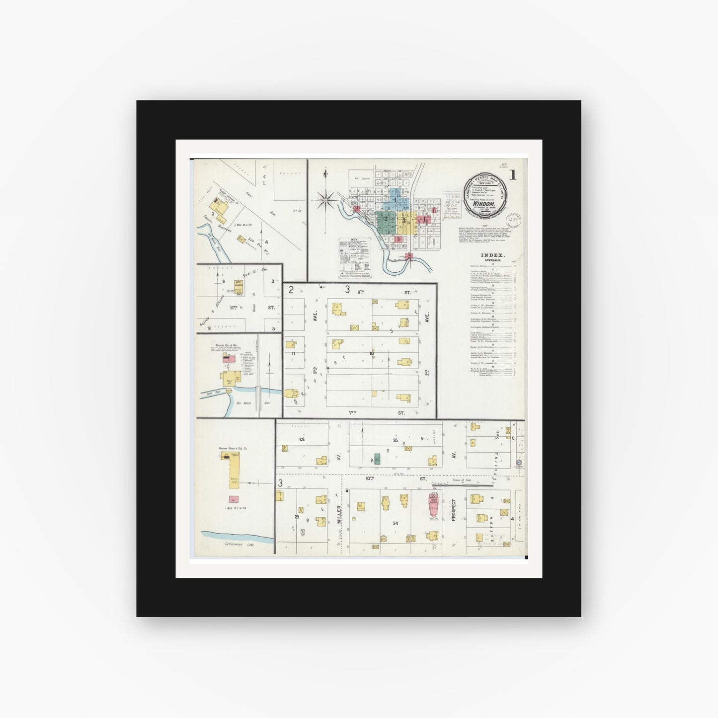 Old map wall art mockup — black gallery frame with white mat — Sanborn Fire Insurance Map from Windom, Cottonwood County, Minnesota (1900), Sheet #0001