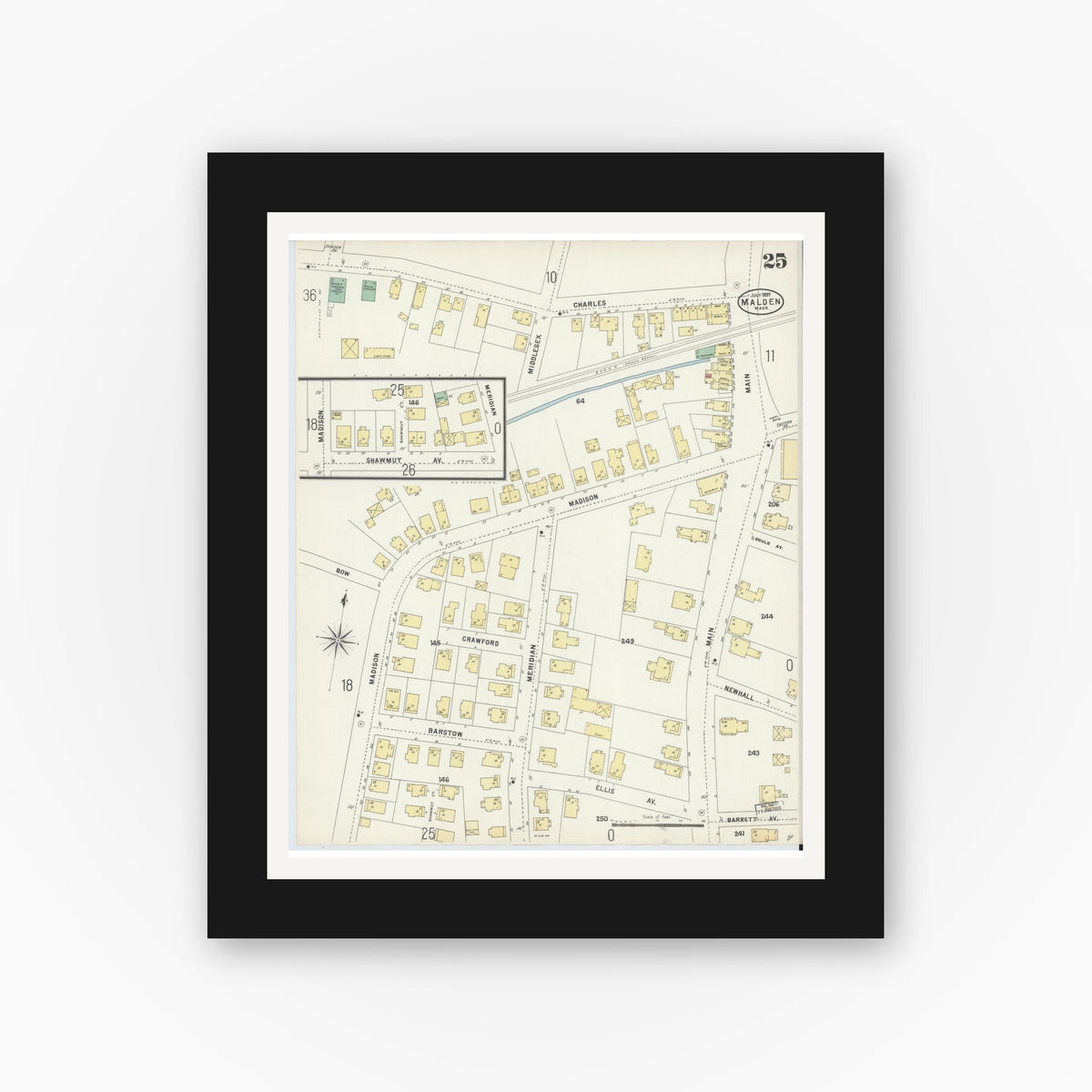 Old map wall art mockup — black gallery frame with white mat — Sanborn Fire Insurance Map from Malden, Middlesex County, Massachusetts (1897), Sheet #0025