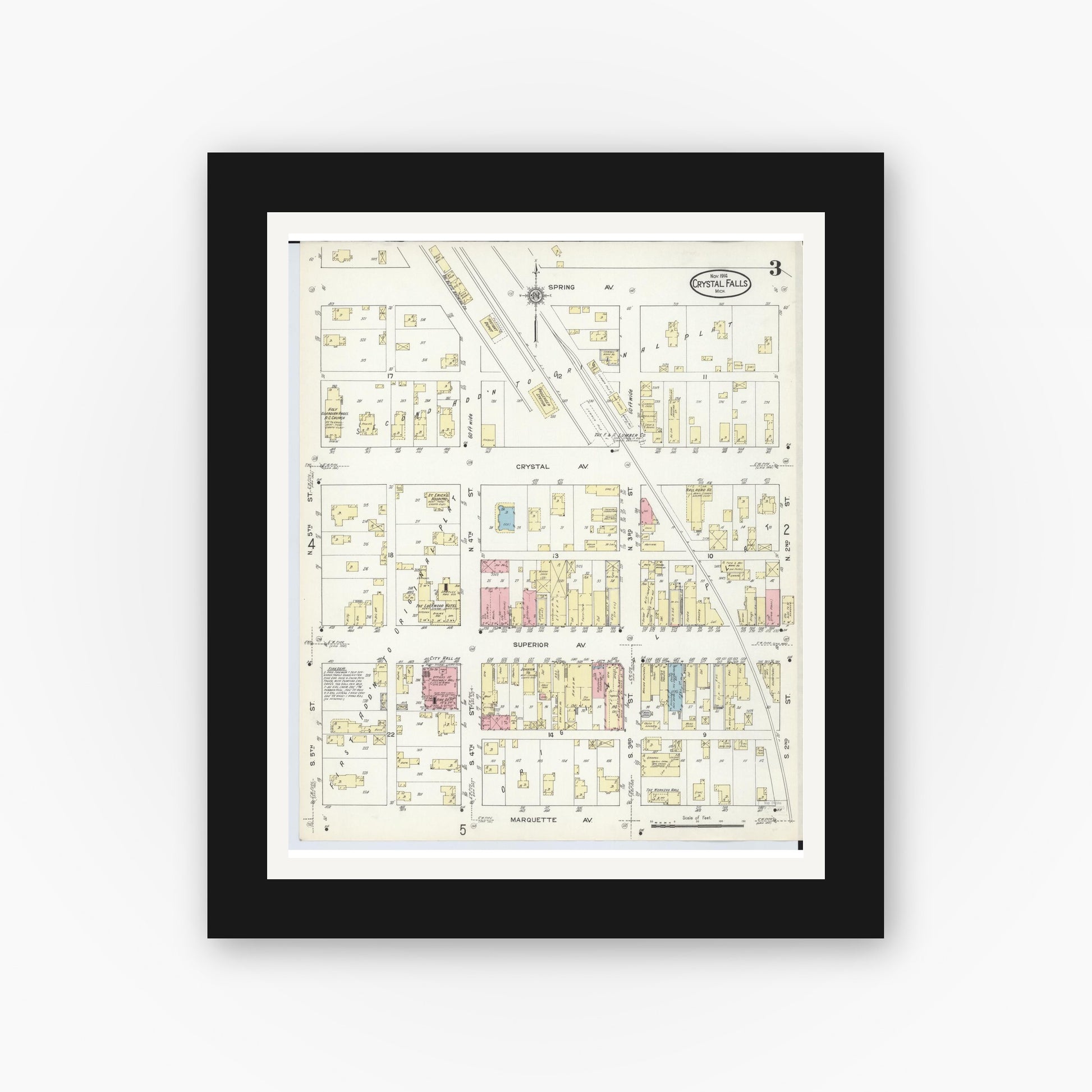 Old map wall art mockup — black gallery frame with white mat — Sanborn Fire Insurance Map from Crystal Falls, Iron County, Michigan (1914), Sheet #0003
