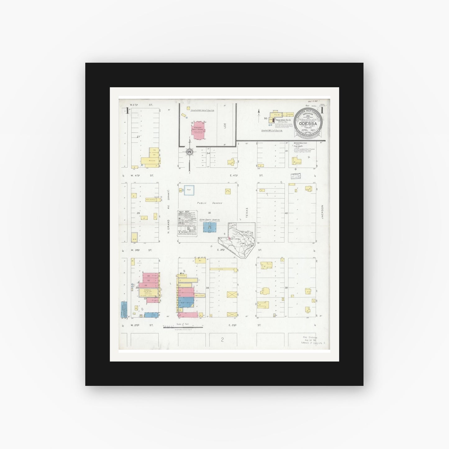 Old map wall art mockup — black gallery frame with white mat — Sanborn Fire Insurance Map from Odessa, Edger County, Texas (1927), Sheet #0001