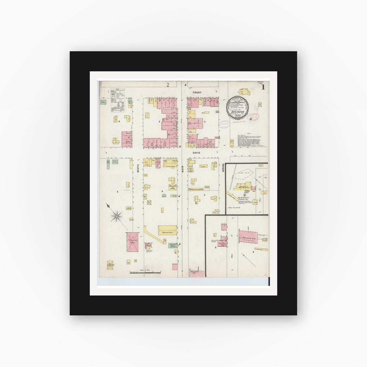 Old map wall art mockup — black gallery frame with white mat — Sanborn Fire Insurance Map from Burlington, Alamance County, North Carolina (1898) - Complete Map Set