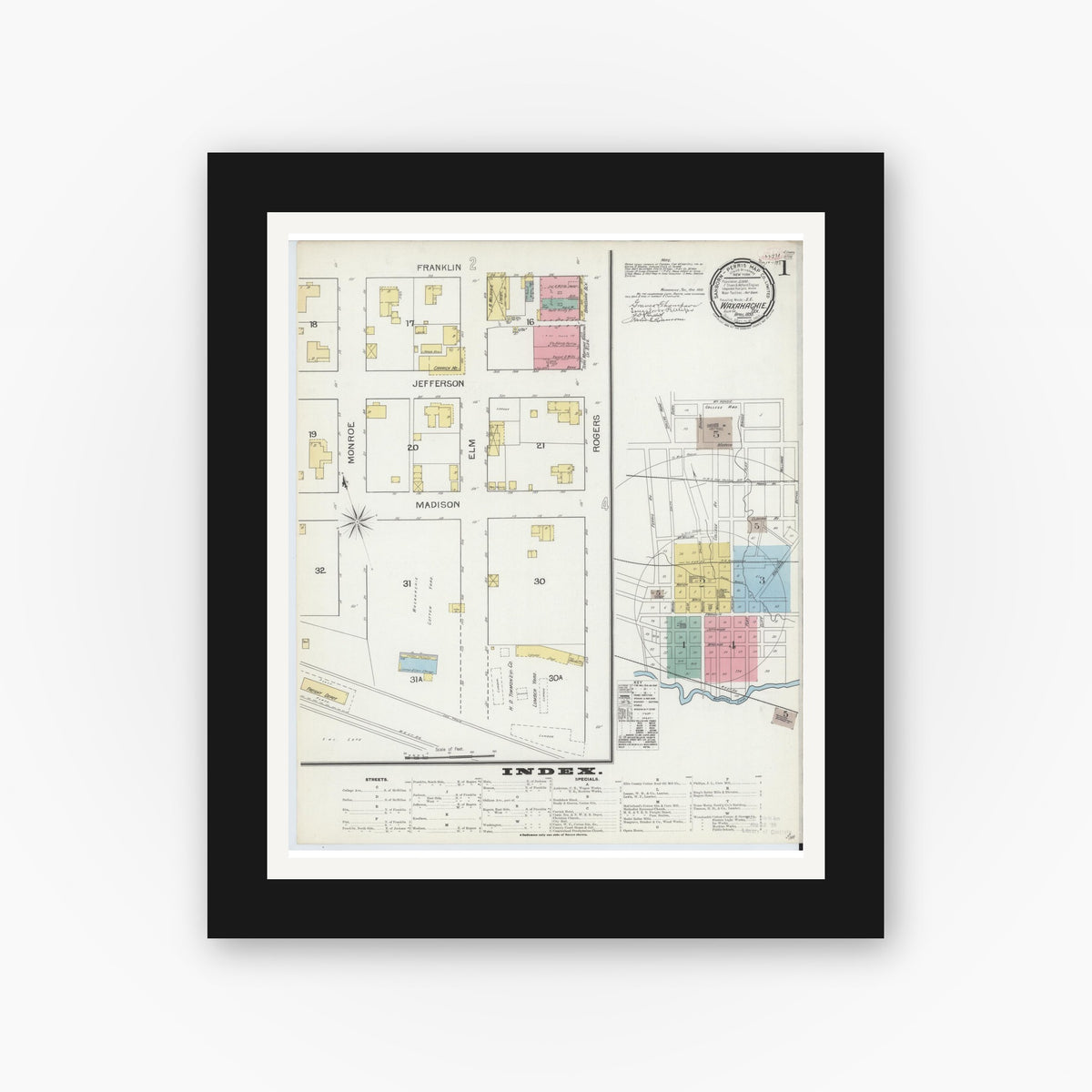 Old map wall art mockup — black gallery frame with white mat — Sanborn Fire Insurance Map from Waxahachie, Ellis County, Texas (1893), Sheet #0001