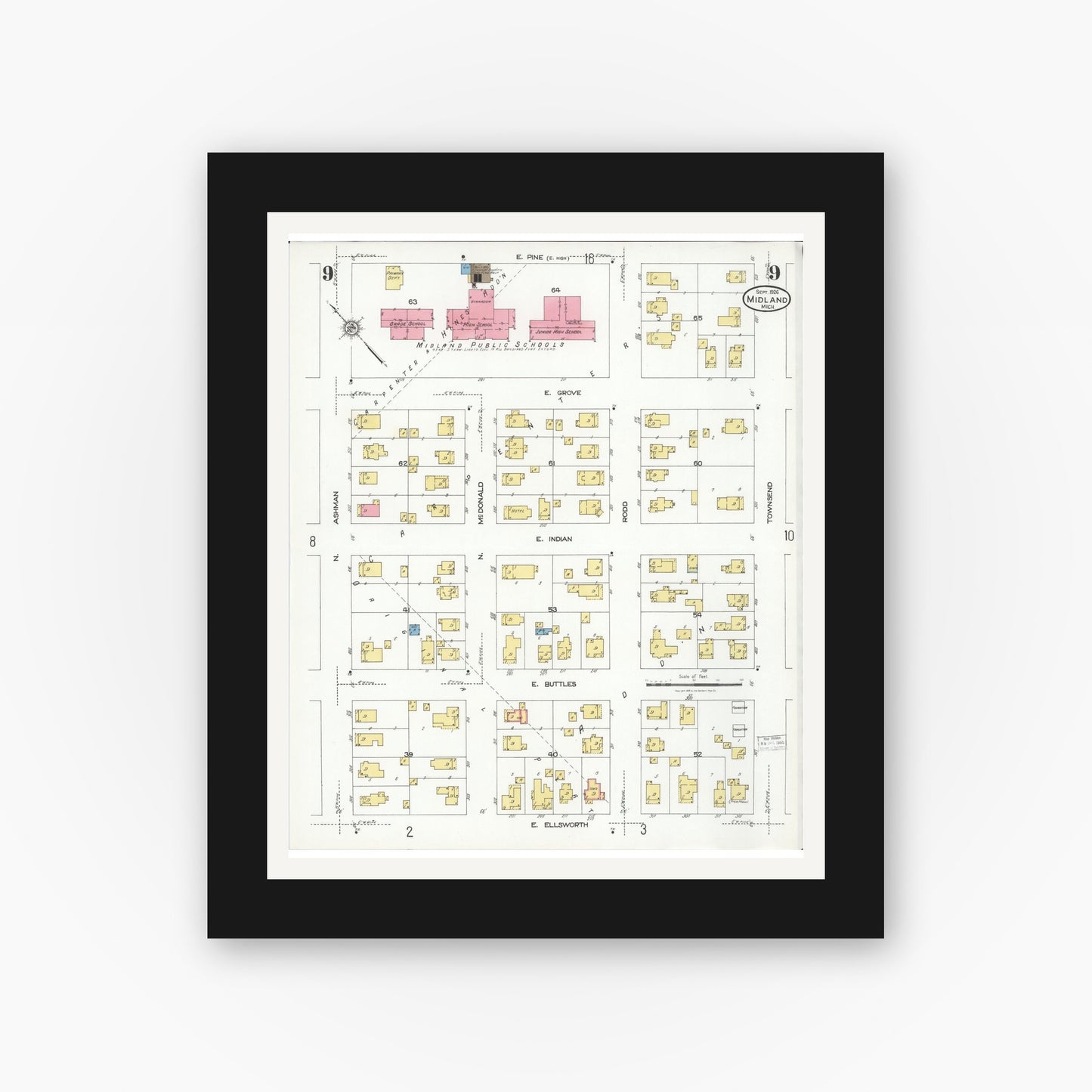 Old map wall art mockup — black gallery frame with white mat — Sanborn Fire Insurance Map from Midland, Midland County, Michigan (1926), Sheet #0009