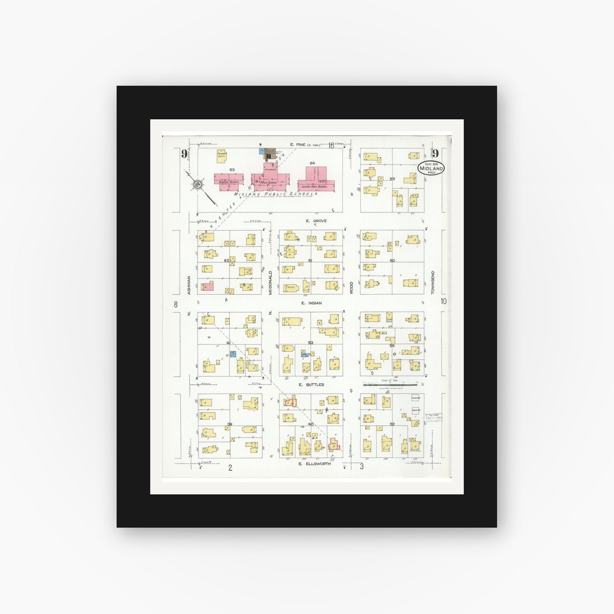 Old map wall art mockup — black gallery frame with white mat — Sanborn Fire Insurance Map from Midland, Midland County, Michigan (1926), Sheet #0009