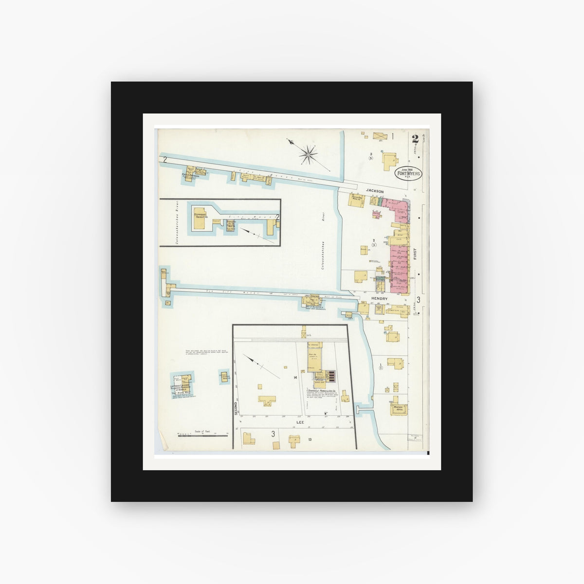 Old map wall art mockup — black gallery frame with white mat — Sanborn Fire Insurance Map from Fort Myers, Lee County, Florida (1908), Sheet #0002