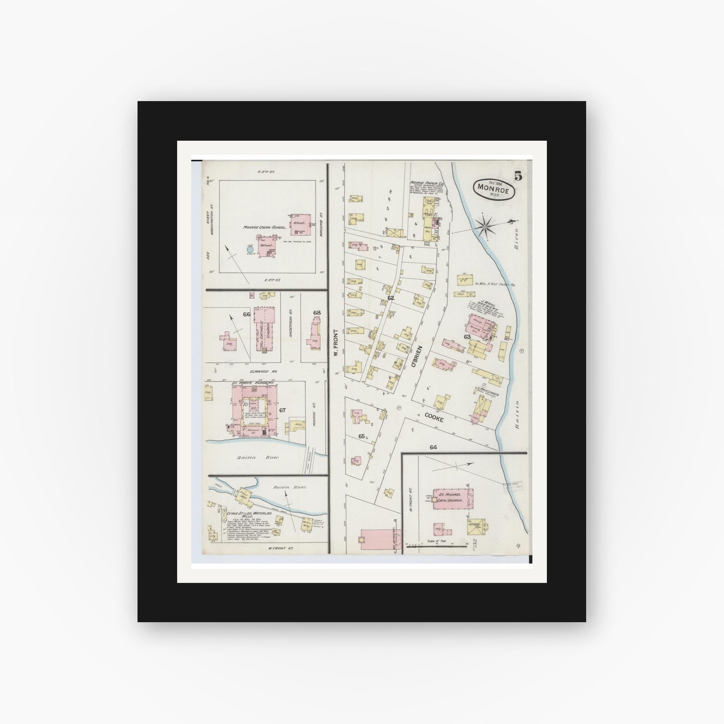 Old map wall art mockup — black gallery frame with white mat — Sanborn Fire Insurance Map from Monroe, Monroe County, Michigan (1888), Sheet #0005