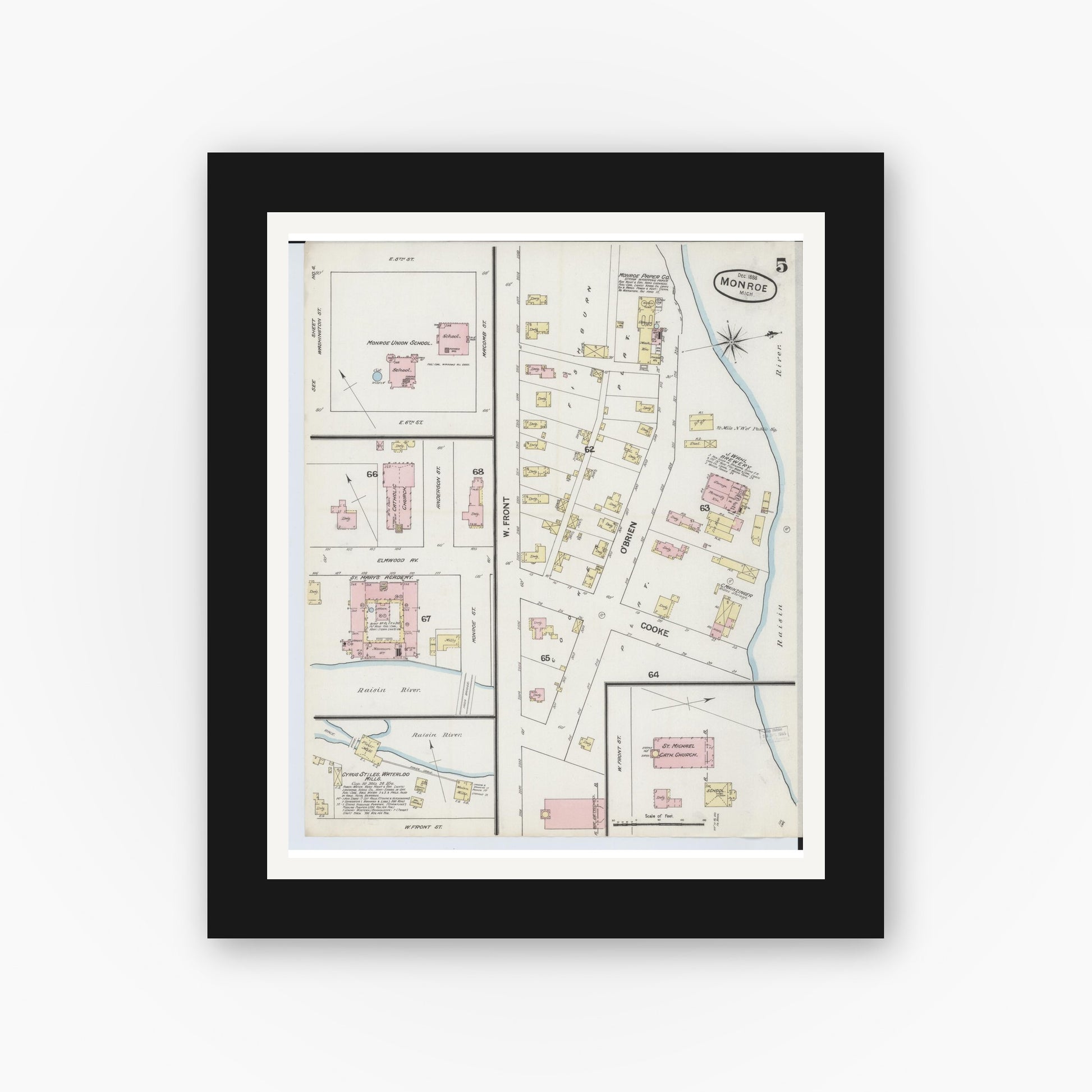Old map wall art mockup — black gallery frame with white mat — Sanborn Fire Insurance Map from Monroe, Monroe County, Michigan (1888), Sheet #0005
