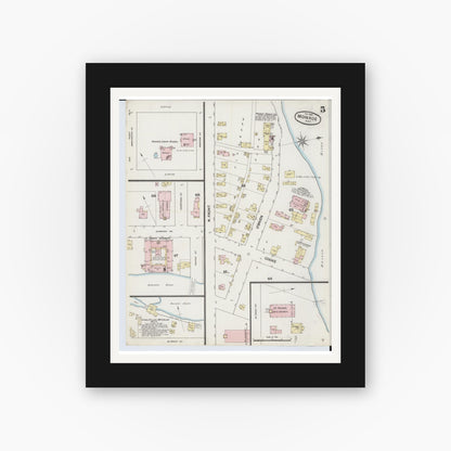 Old map wall art mockup — black gallery frame with white mat — Sanborn Fire Insurance Map from Monroe, Monroe County, Michigan (1888), Sheet #0005
