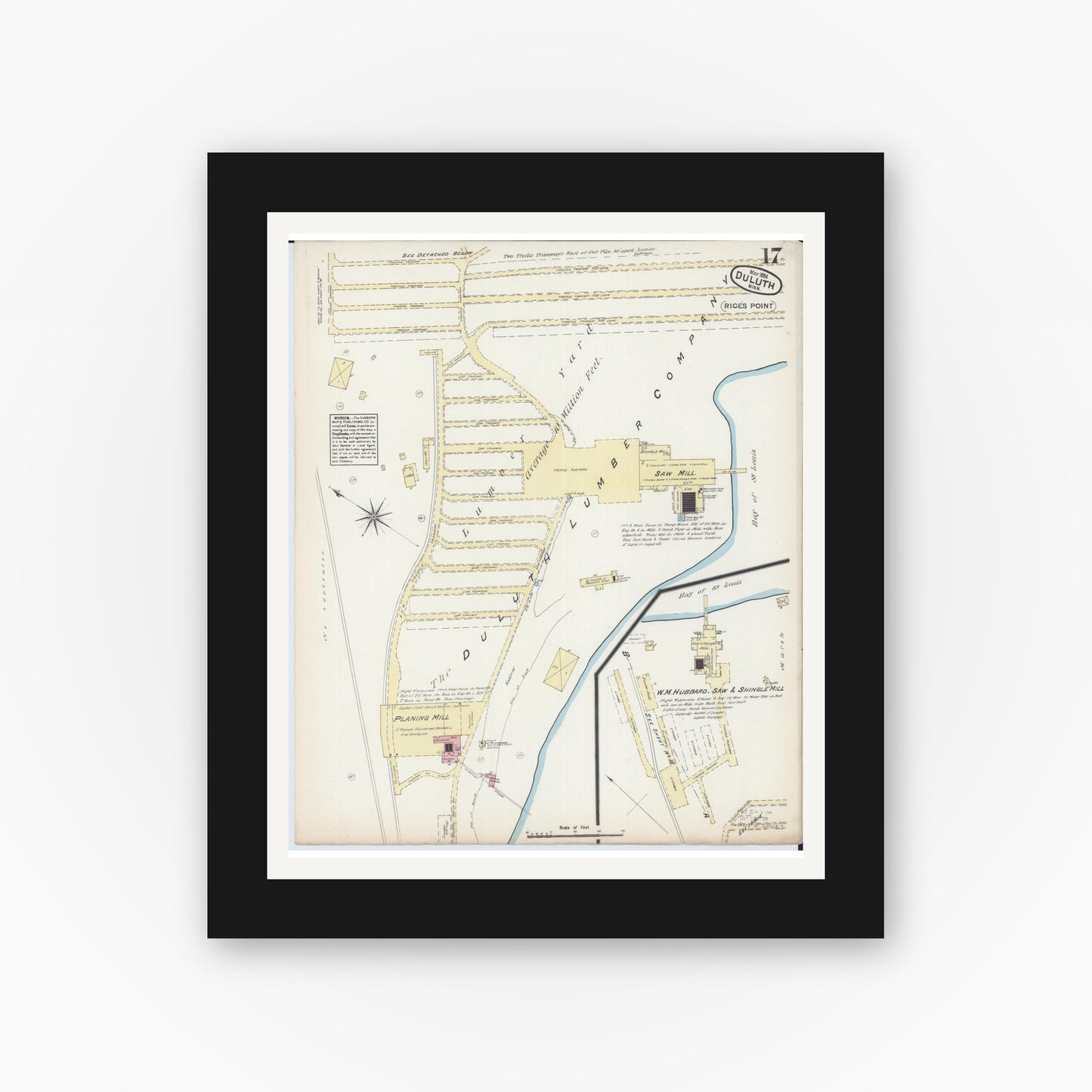 Old map wall art mockup — black gallery frame with white mat — Sanborn Fire Insurance Map from Duluth, Saint Louis County, Minnesota (1884), Sheet #0017