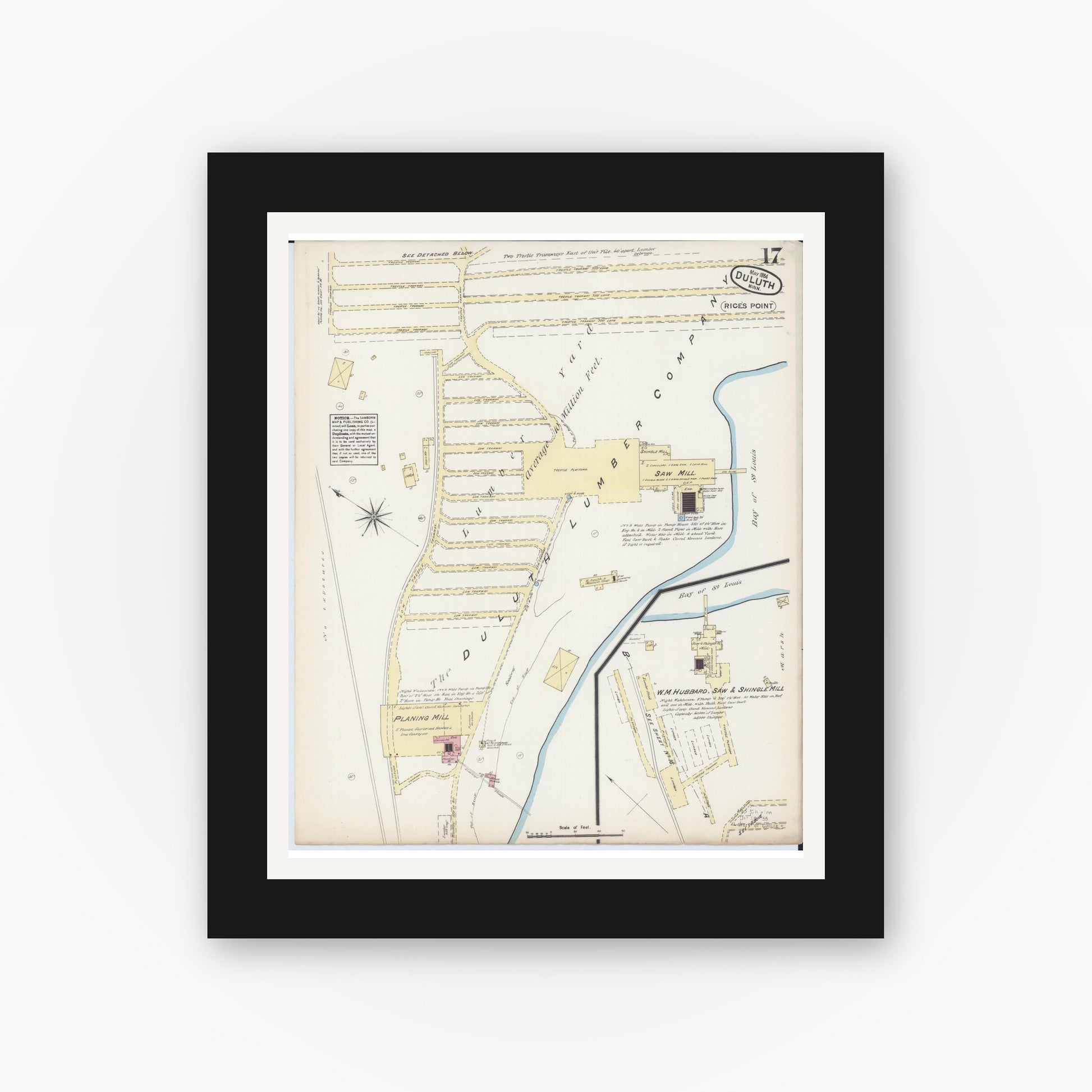 Old map wall art mockup — black gallery frame with white mat — Sanborn Fire Insurance Map from Duluth, Saint Louis County, Minnesota (1884), Sheet #0017