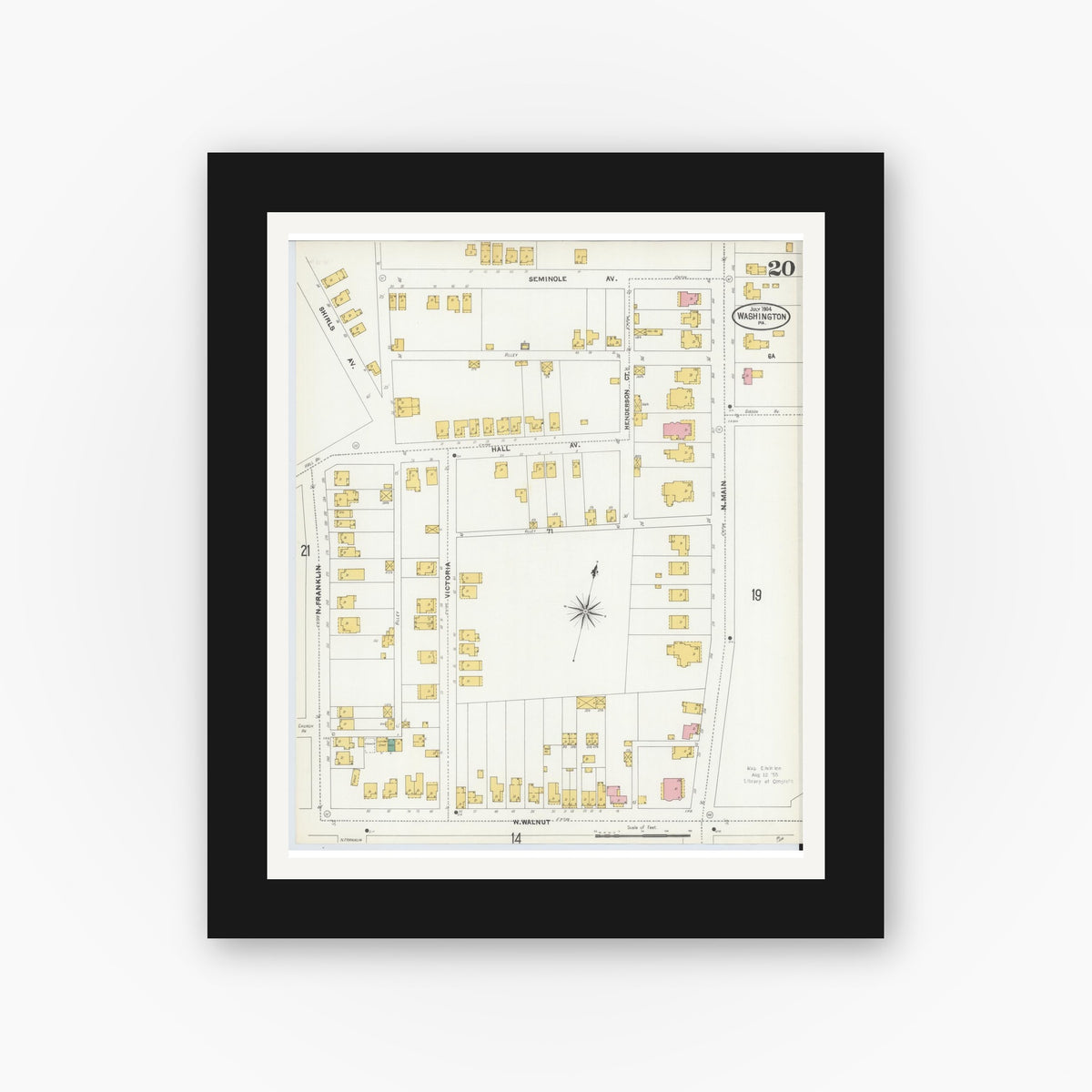 Old map wall art mockup — black gallery frame with white mat — Sanborn Fire Insurance Map from Washington, Washington County, Pennsylvania (1904), Sheet #0020