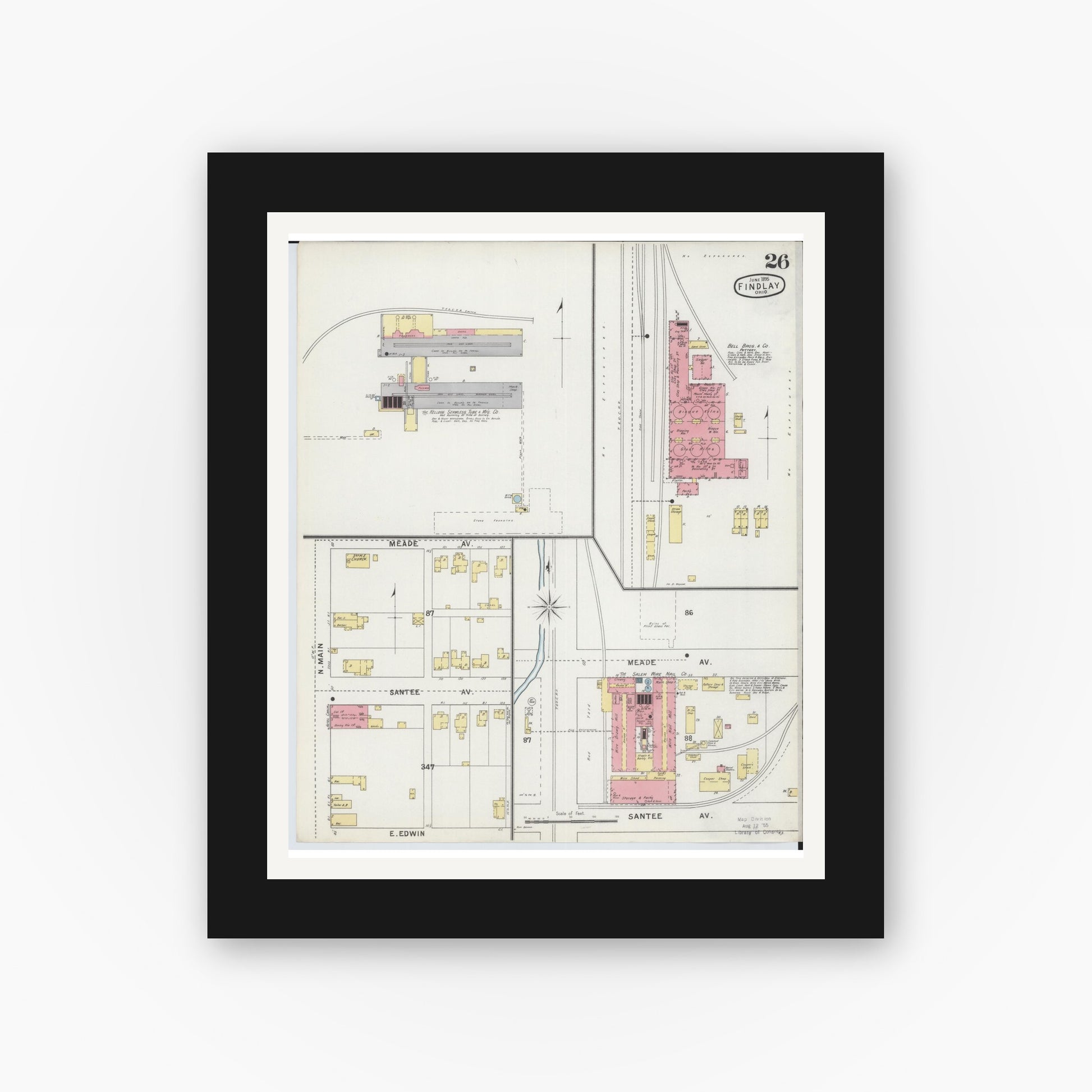 Old map wall art mockup — black gallery frame with white mat — Sanborn Fire Insurance Map from Findlay, Hancock County, Ohio (1895), Sheet #0026