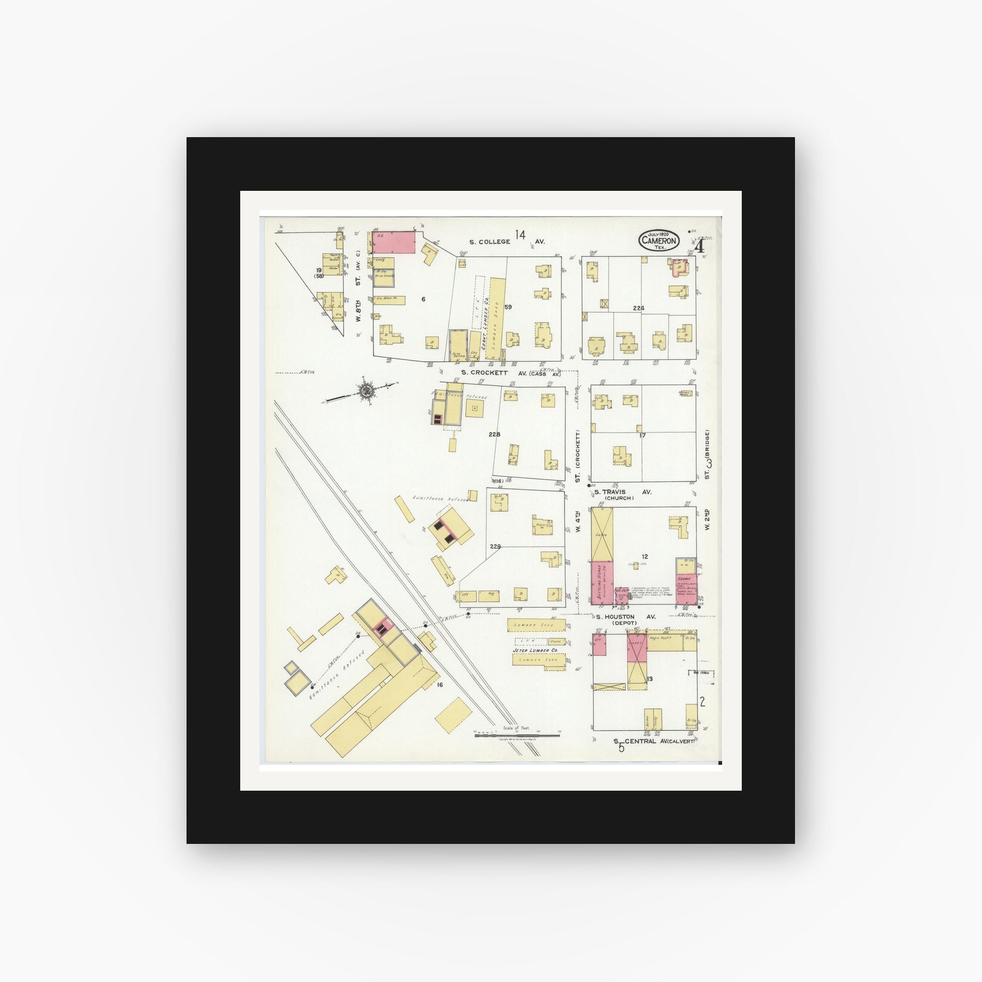 Old map wall art mockup — black gallery frame with white mat — Sanborn Fire Insurance Map from Cameron, Milam County, Texas (1920), Sheet #0004