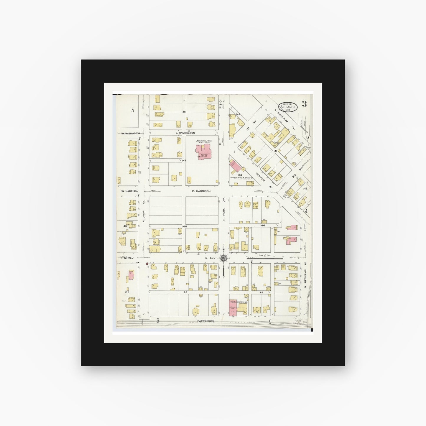 Old map wall art mockup — black gallery frame with white mat — Sanborn Fire Insurance Map from Alliance, Stark County, Ohio (1911), Sheet #0003