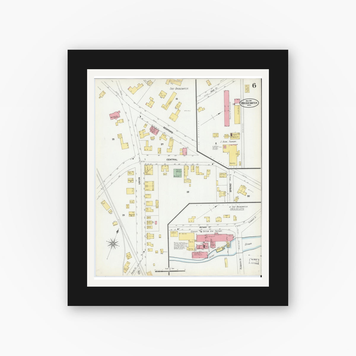 Old map wall art mockup — black gallery frame with white mat — Sanborn Fire Insurance Map from Bridgewater, Plymouth County, Massachusetts (1901), Sheet #0006