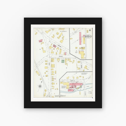 Old map wall art mockup — black gallery frame with white mat — Sanborn Fire Insurance Map from Bridgewater, Plymouth County, Massachusetts (1901), Sheet #0006