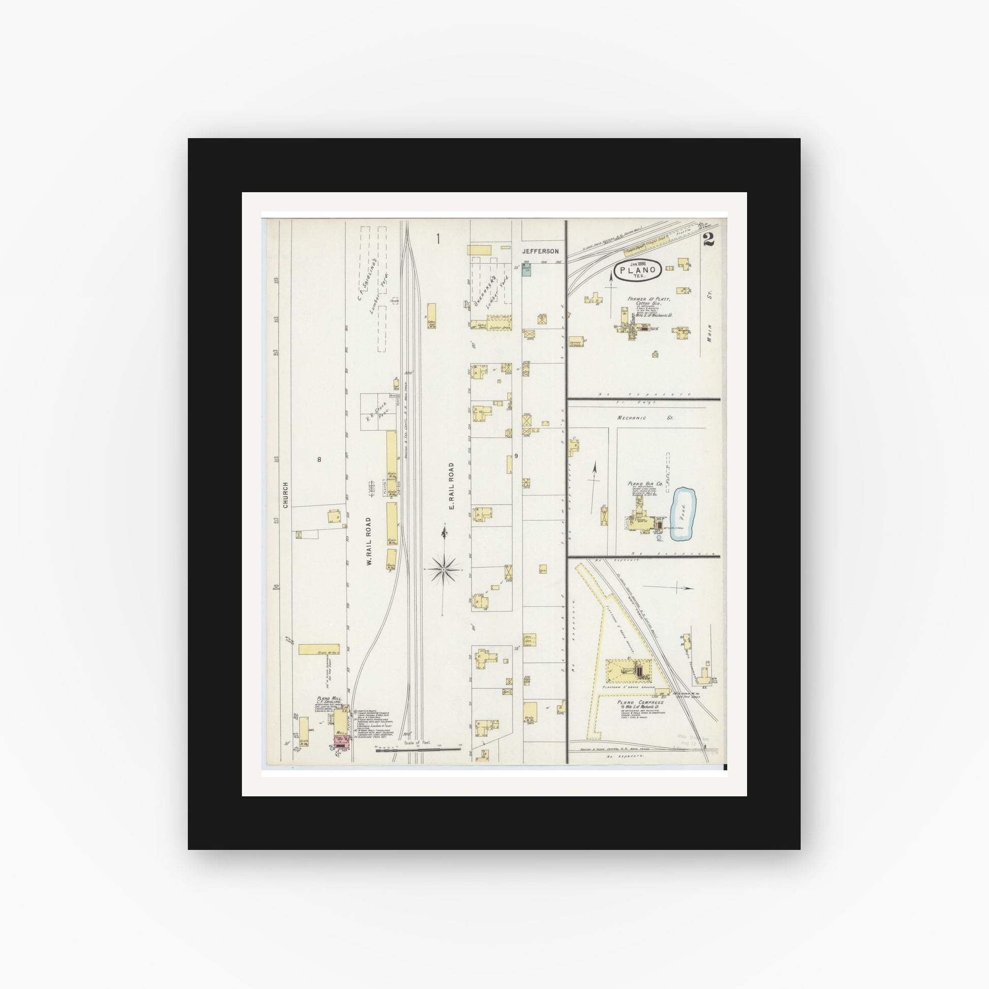 Old map wall art mockup — black gallery frame with white mat — Sanborn Fire Insurance Map from Plano, Collin County, Texas (1896), Sheet #0002