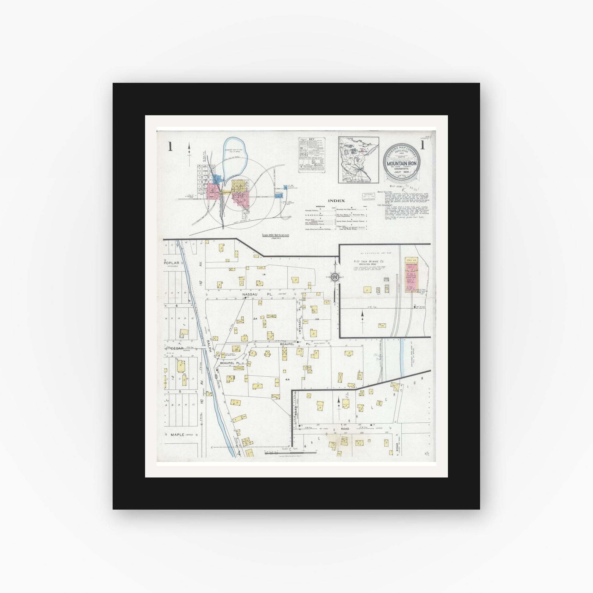 Old map wall art mockup — black gallery frame with white mat — Sanborn Fire Insurance Map from Mountain Iron, Saint Louis County, Minnesota (1928), Sheet #0001