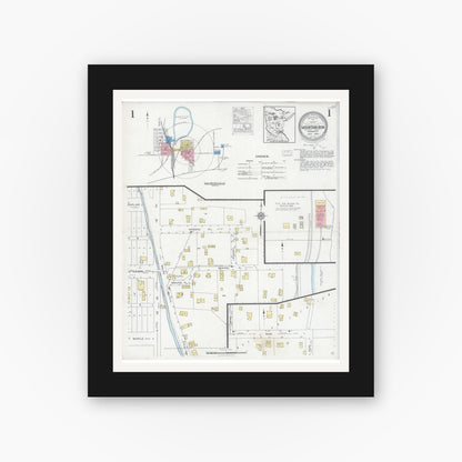 Old map wall art mockup — black gallery frame with white mat — Sanborn Fire Insurance Map from Mountain Iron, Saint Louis County, Minnesota (1928), Sheet #0001