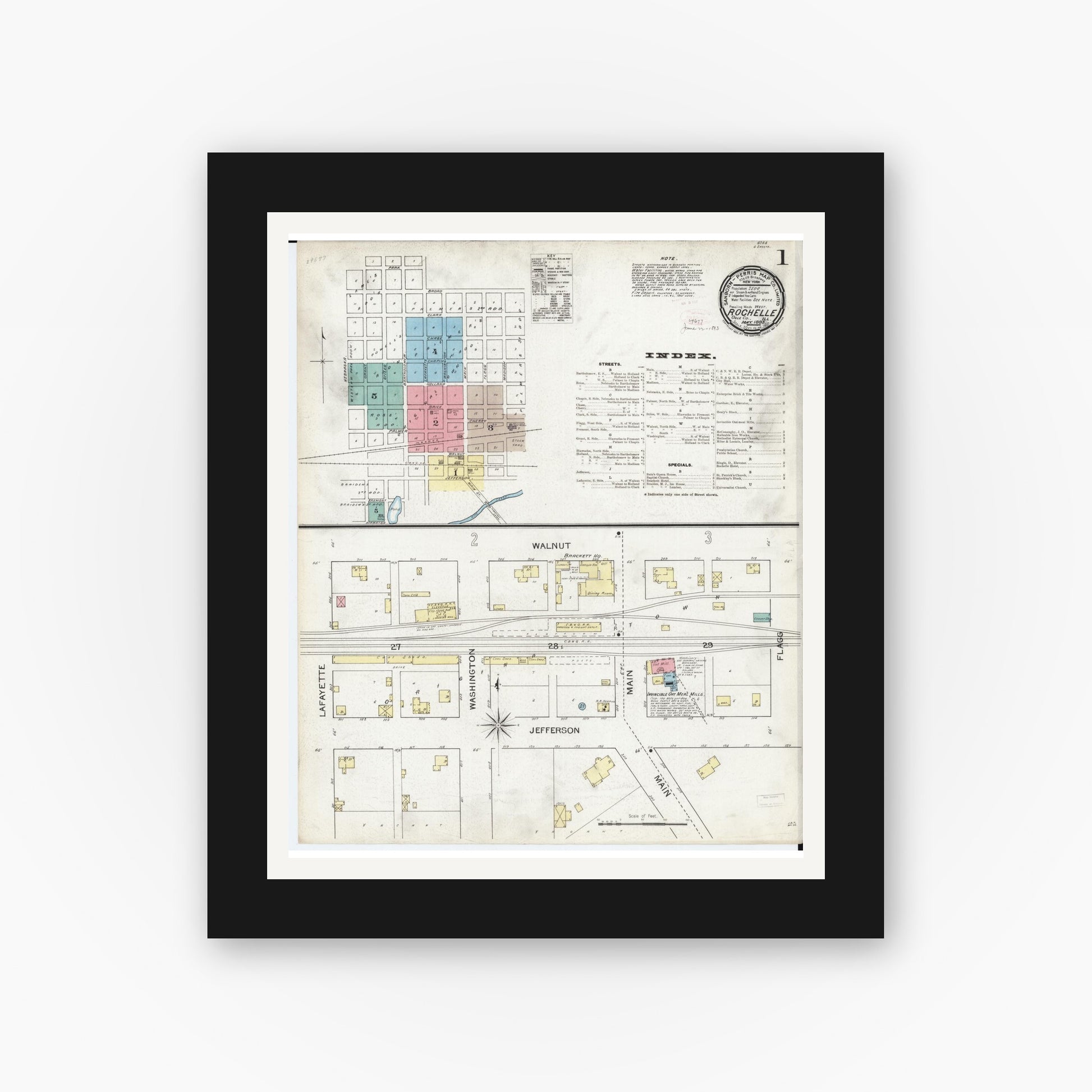 Old map wall art mockup — black gallery frame with white mat — Sanborn Fire Insurance Map from Rochelle, Ogle County, Illinois (1893) - Complete Map Set