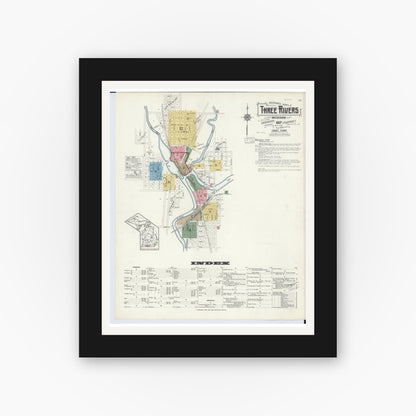 Old map wall art mockup — black gallery frame with white mat — Sanborn Fire Insurance Map from Three Rivers, Saint Joseph County, Michigan (1916), Sheet #0001