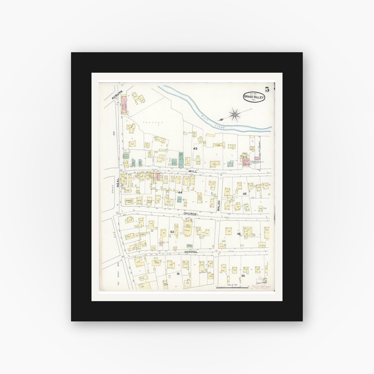 Old map wall art mockup — black gallery frame with white mat — Sanborn Fire Insurance Map from Grass Valley, Nevada County, California (1891), Sheet #0005