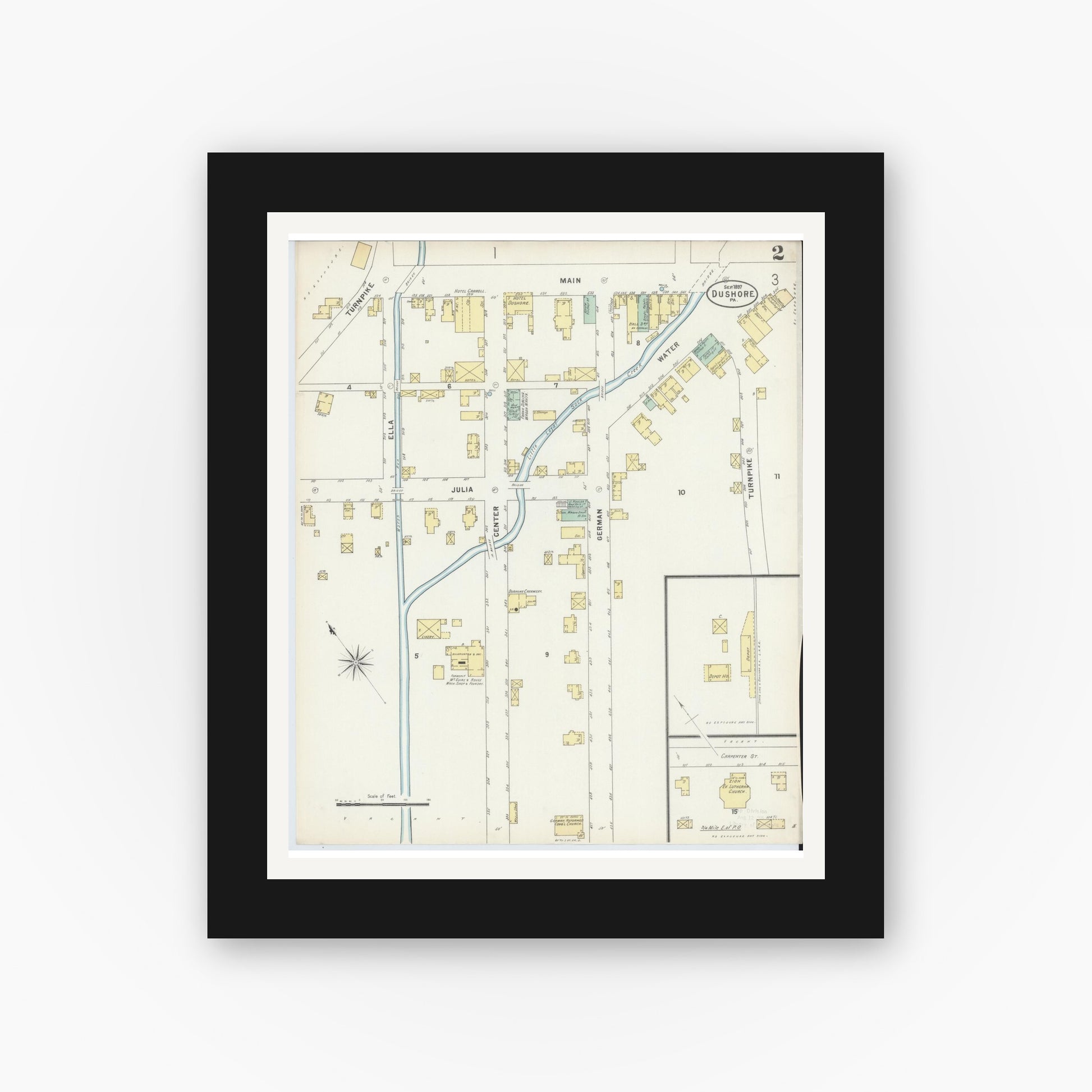Old map wall art mockup — black gallery frame with white mat — Sanborn Fire Insurance Map from Dushore, Sullivan County, Pennsylvania (1897), Sheet #0002