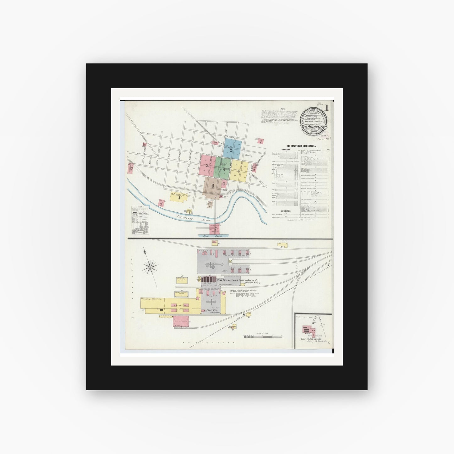 Old map wall art mockup — black gallery frame with white mat — Sanborn Fire Insurance Map from New Philadelphia, Tuscarawas County, Ohio (1896) - Complete Map Set