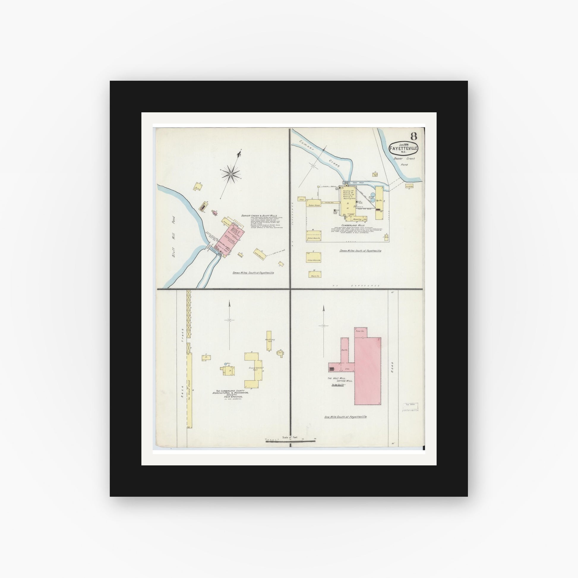 Old map wall art mockup — black gallery frame with white mat — Sanborn Fire Insurance Map from Fayetteville, Cumberland County, North Carolina (1896), Sheet #0008